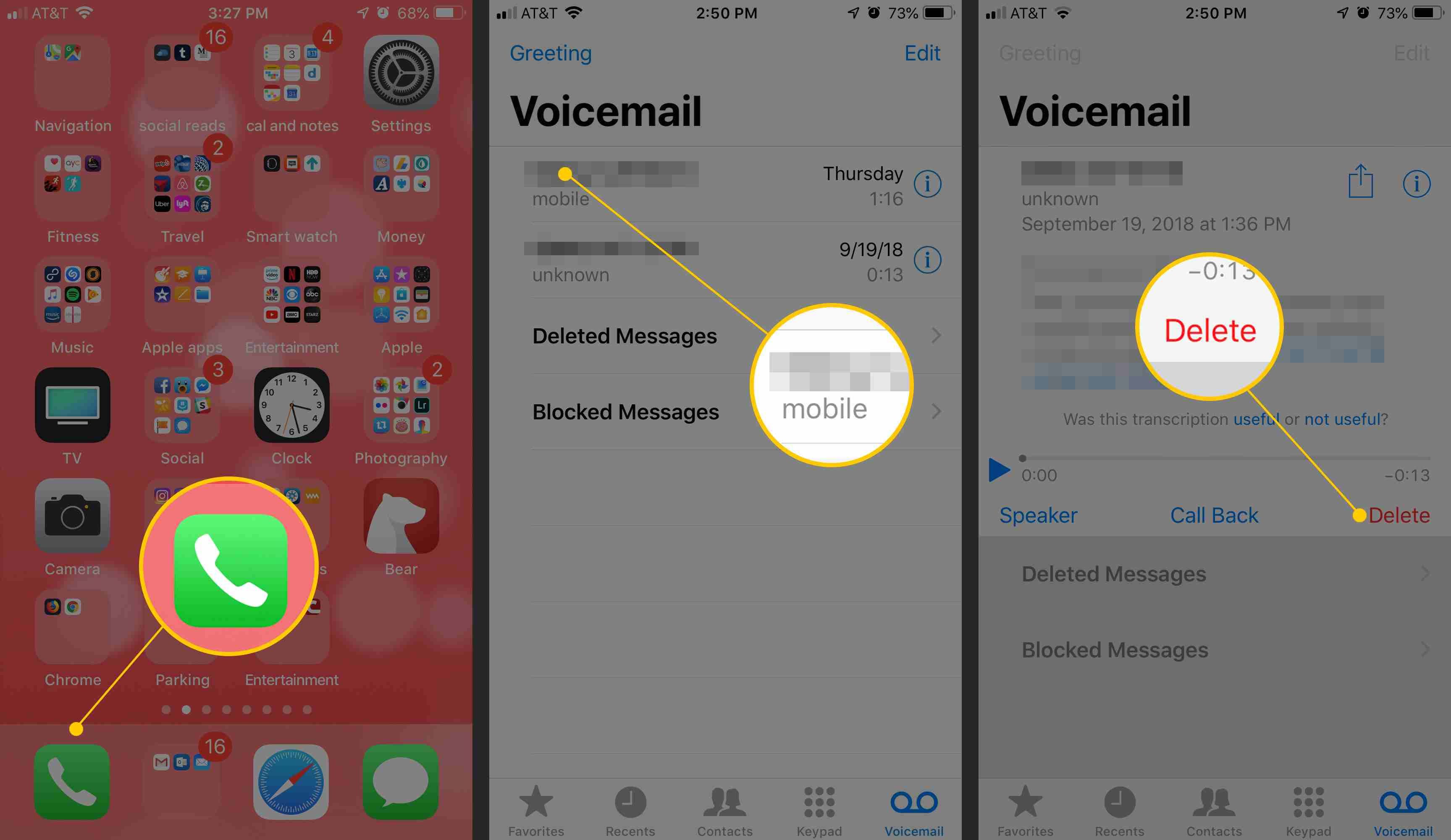 Три снимка экрана iOS со значком приложения «Телефон», размытым номером голосовой почты и кнопкой «Удалить»