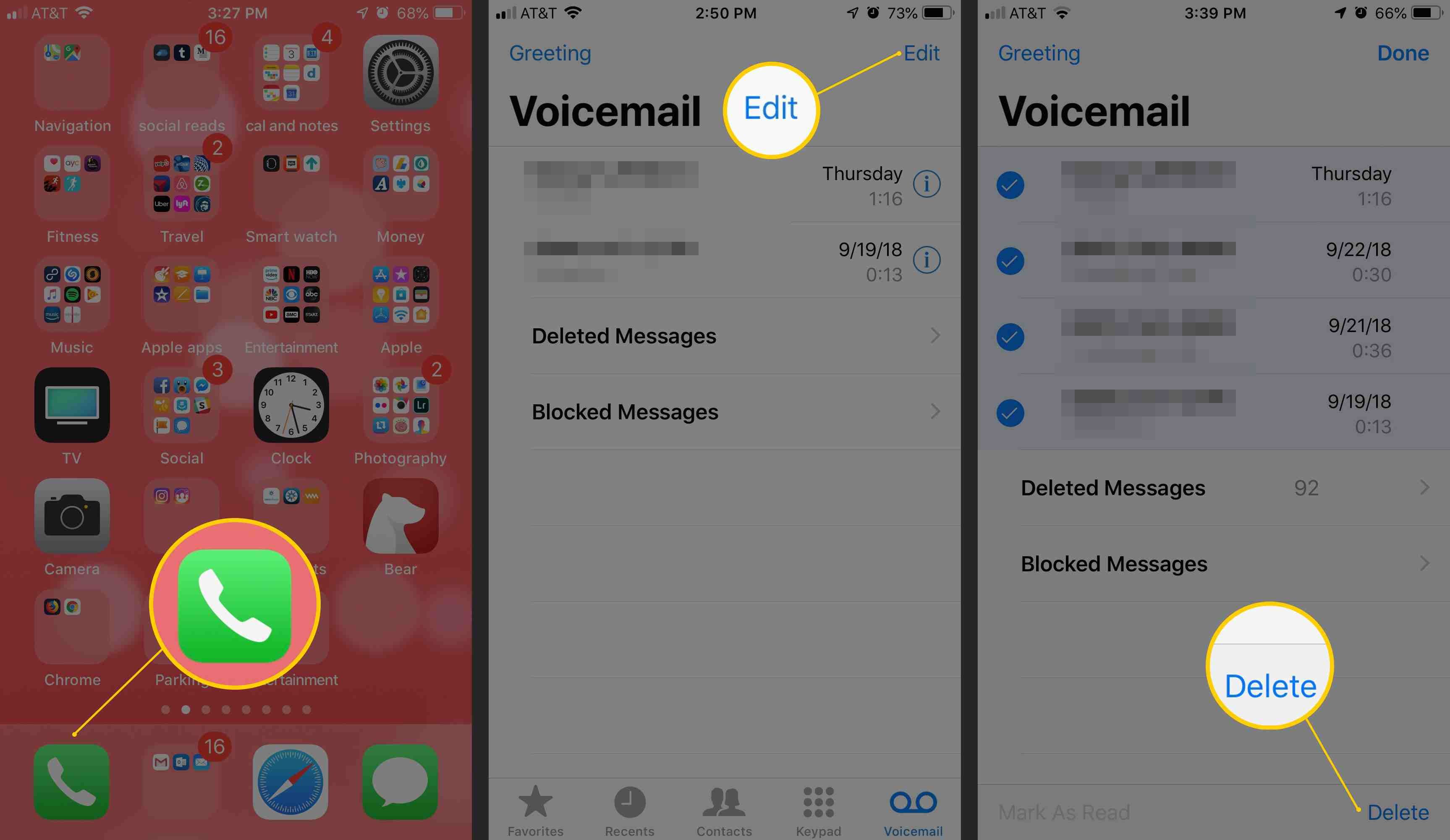 Три экрана iOS со значком приложения «Телефон», кнопкой «Изменить» в голосовой почте и кнопкой «Удалить» в голосовой почте