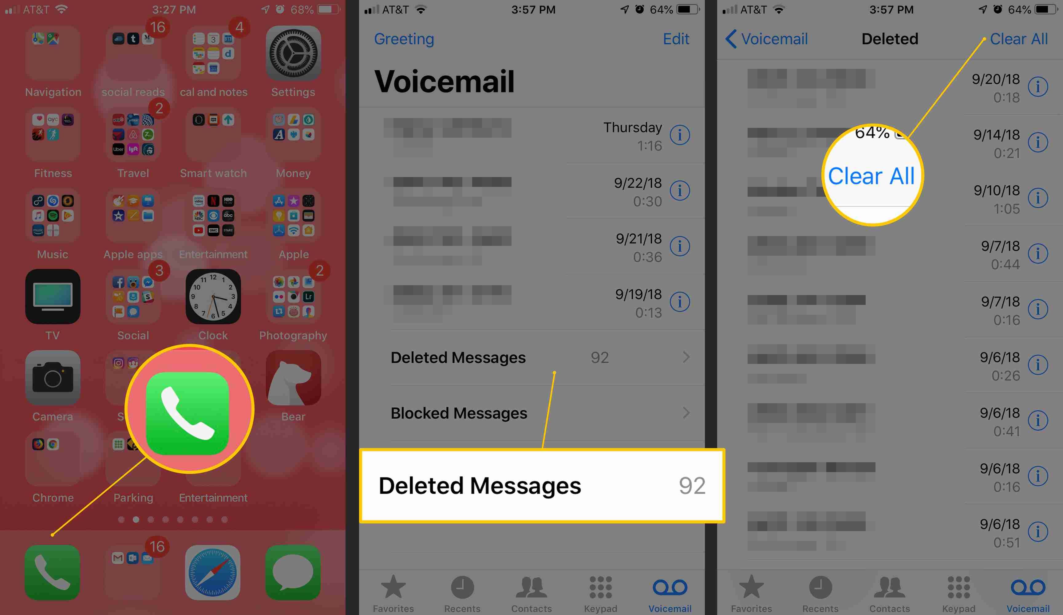 Три экрана iOS со значком приложения «Телефон», кнопкой «Удаленные сообщения» и кнопкой «Очистить все»