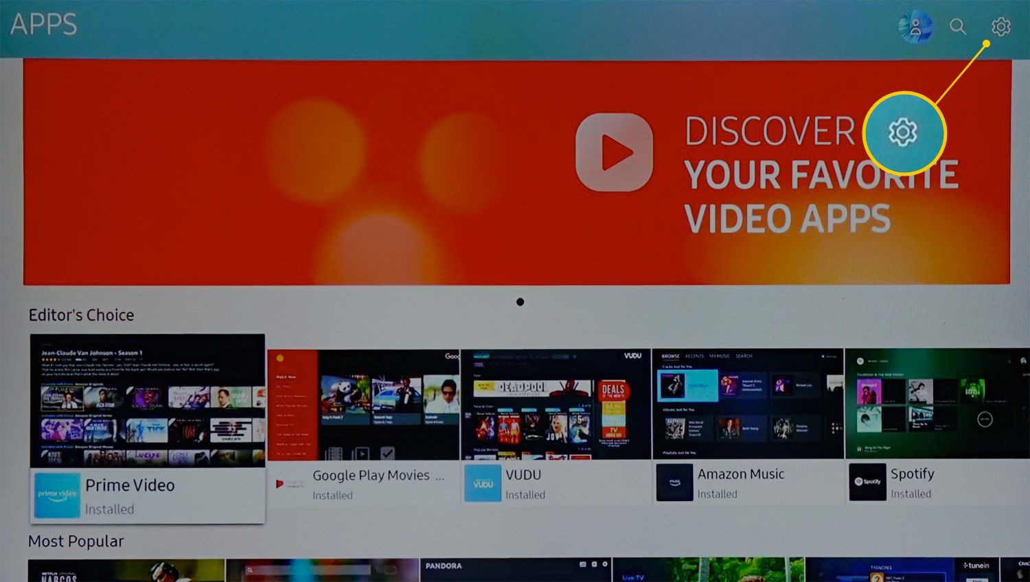 Значок настроек Samsung TV Apps в правом верхнем углу