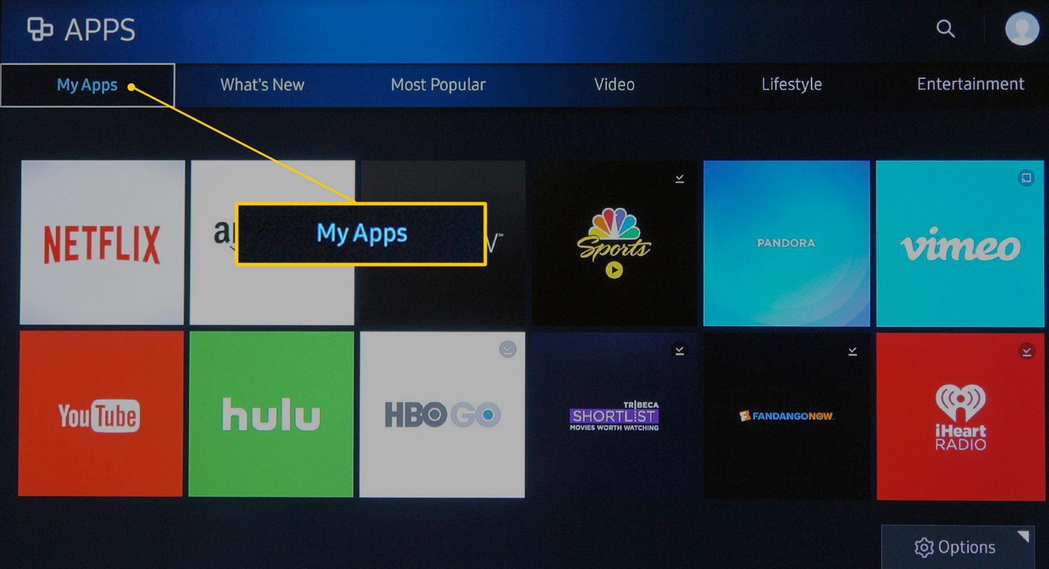 Samsung Smart TV Экран «Мои приложения»