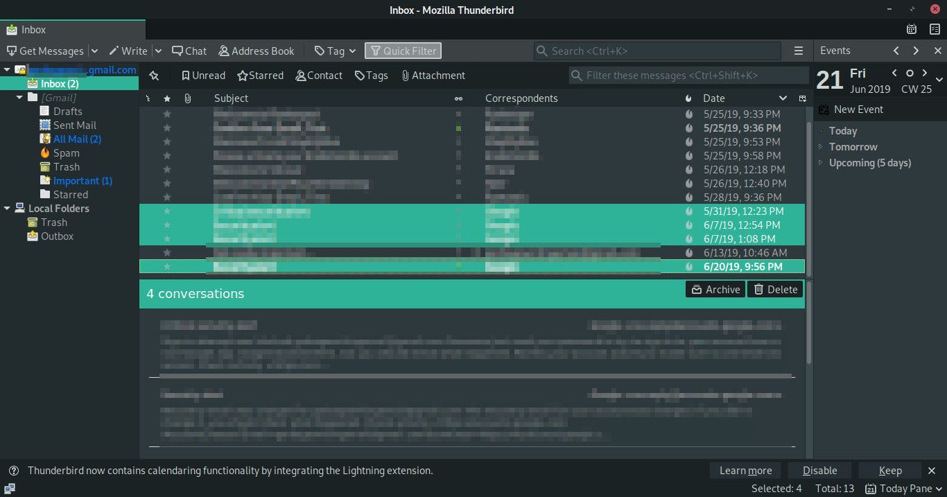 Thunderbird с выделенными сообщениями - скриншот