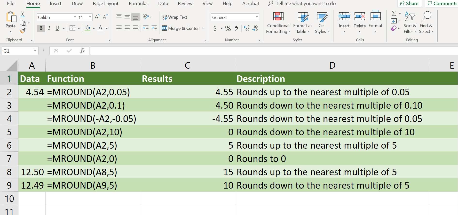 Снимок экрана электронной таблицы Excel с восемью примерами функции MROUND.