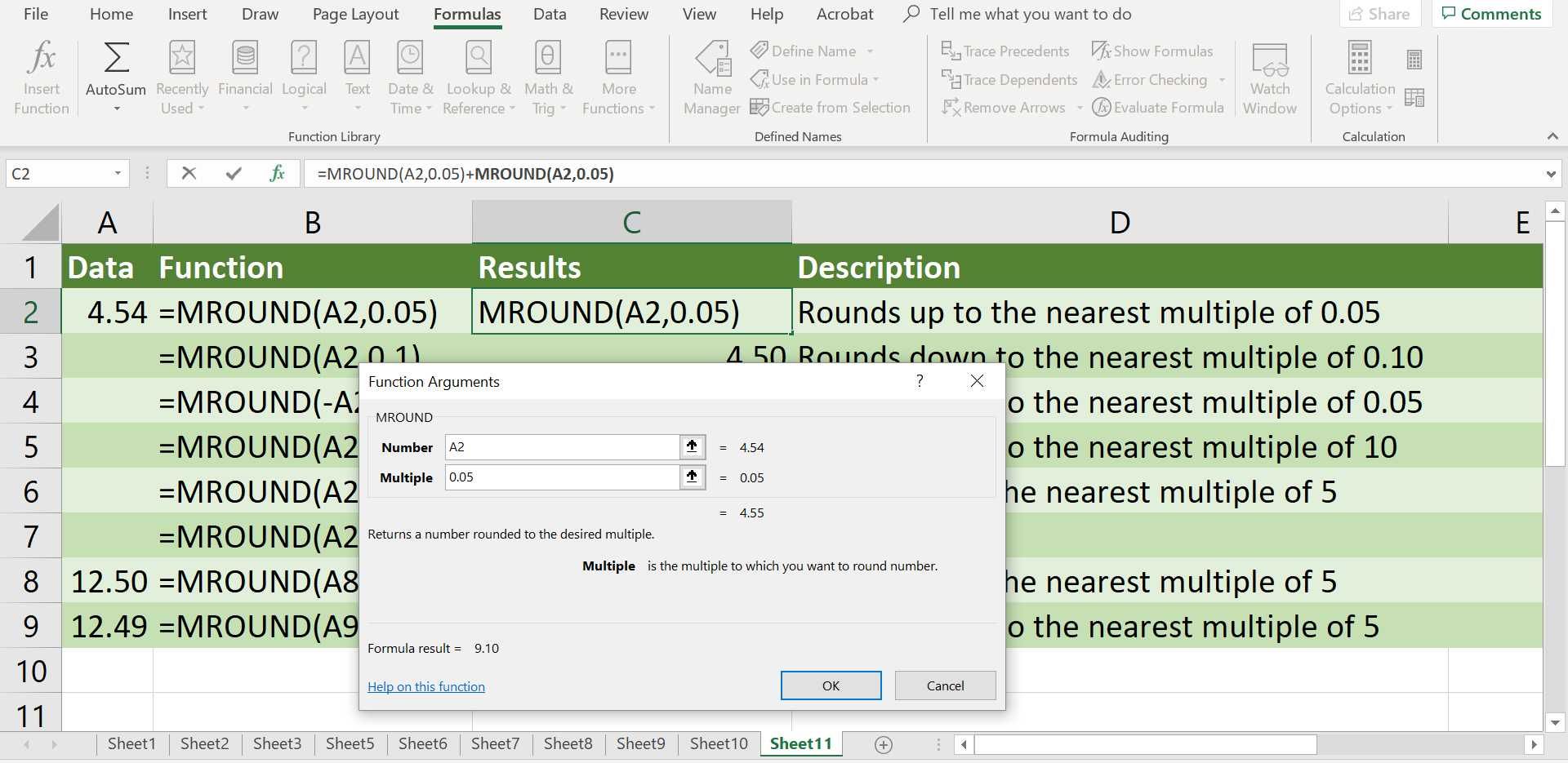 Скриншот Excel's MROUND function dialog box.