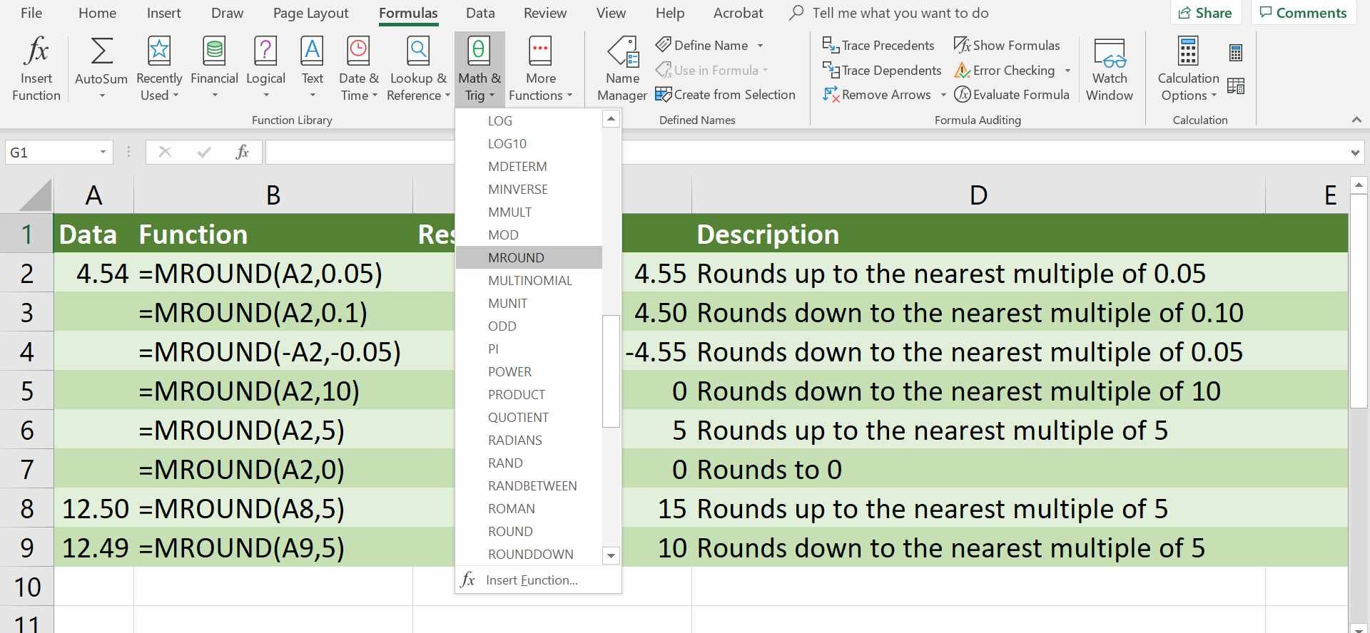 Скриншот Excel's Math & Trig Formula drop-down menu with MROUND selected.