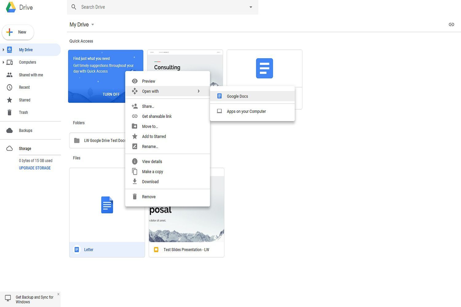 Снимок экрана, показывающий, как открыть файл Google Диска, щелкнув правой кнопкой мыши его значок на странице 