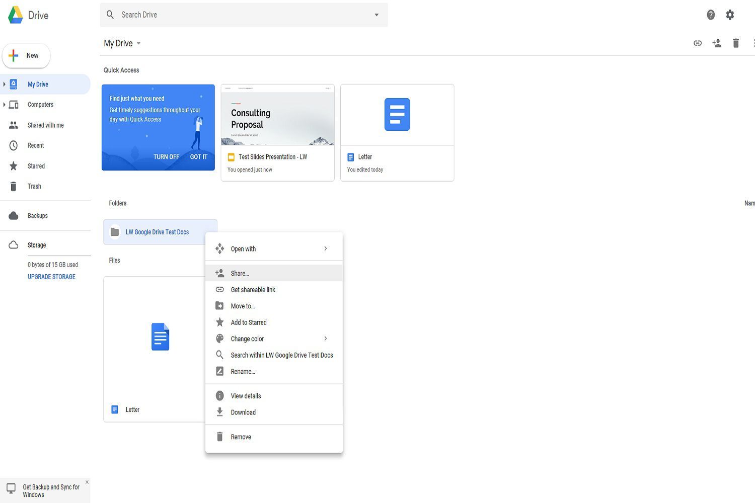 Снимок экрана, показывающий, как открыть общий доступ к папке на Google Диске.