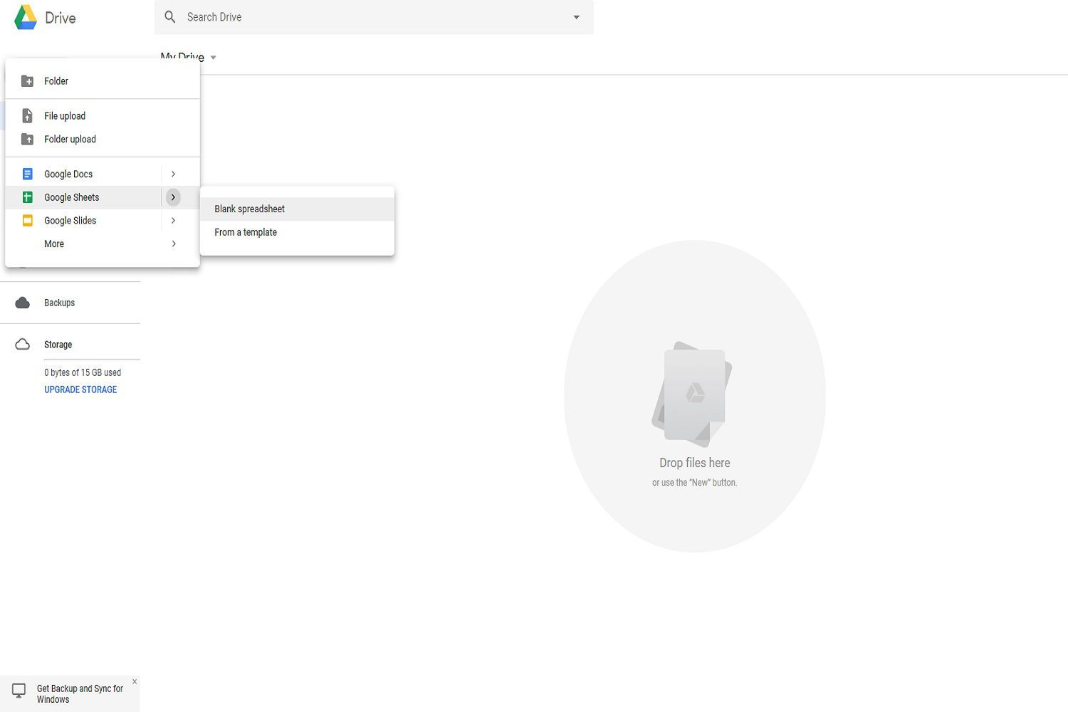 Снимок экрана, показывающий, как создать файл в Google Диске, в частности, как создать новый файл Google Sheets.