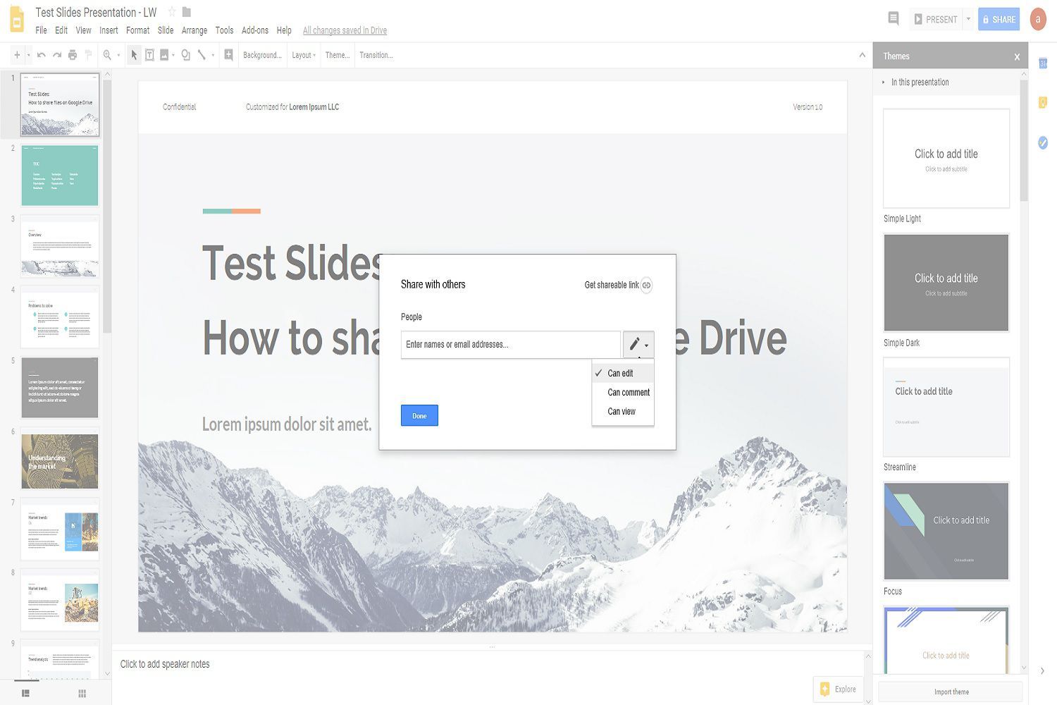 Снимок экрана, на котором показано, как предоставить доступ к файлу Google Диска, в частности, как открыть презентацию Google Slides.