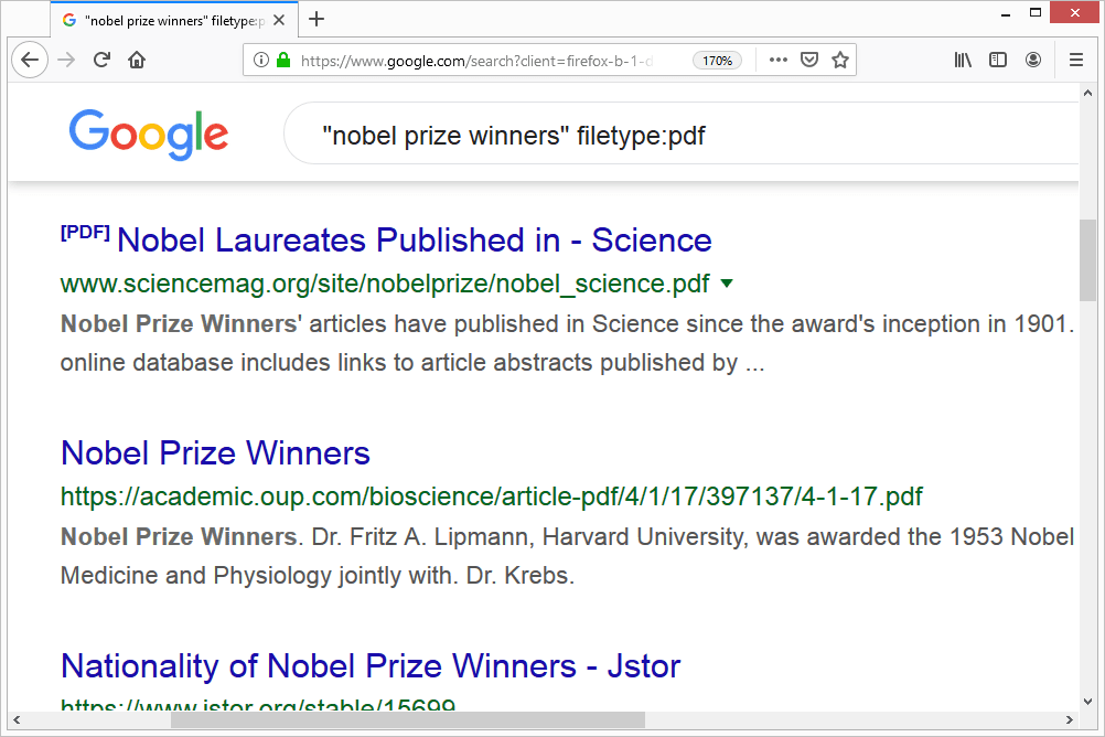 Цитируемый поиск Google для нобелевских лауреатов и PDF-файлов
