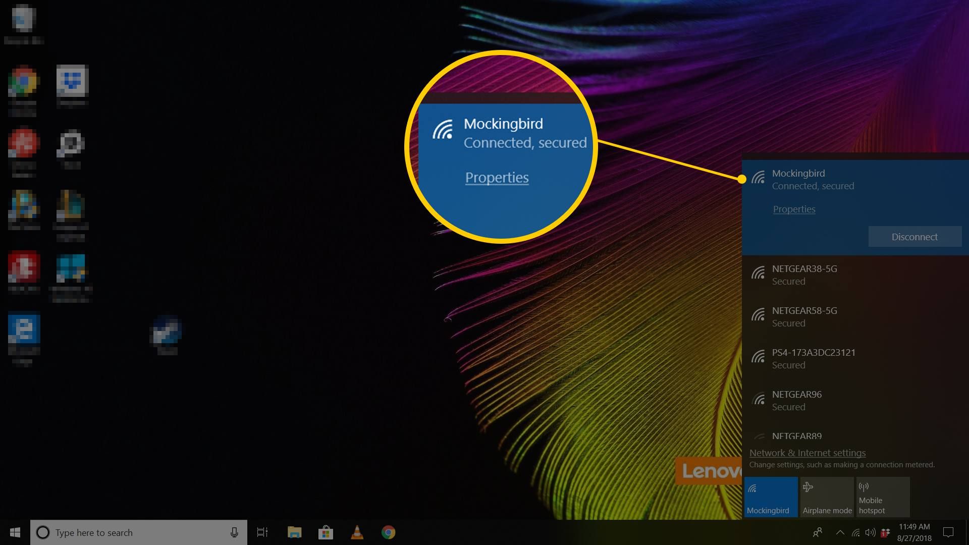 Снимок экрана индикатора Wi-Fi в Windows 10