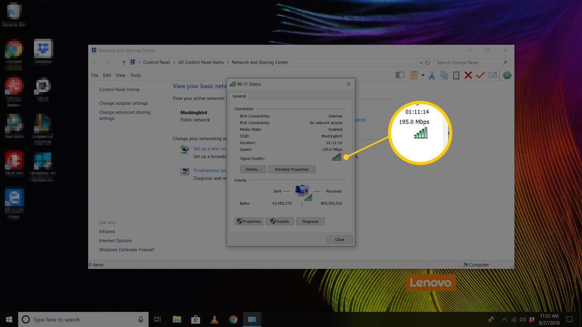 Снимок экрана панели управления центром управления сетями и общим доступом в Windows 10 с индикатором силы Wi-Fi