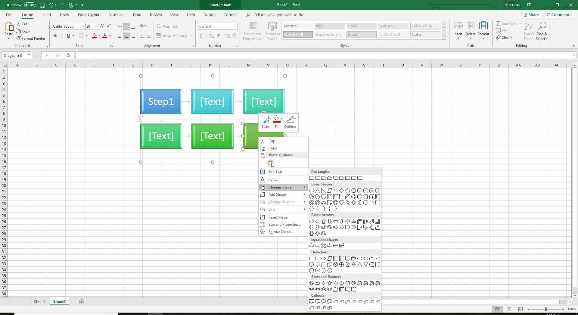 Снимок экрана: изменение формы в потоковой диаграмме Excel
