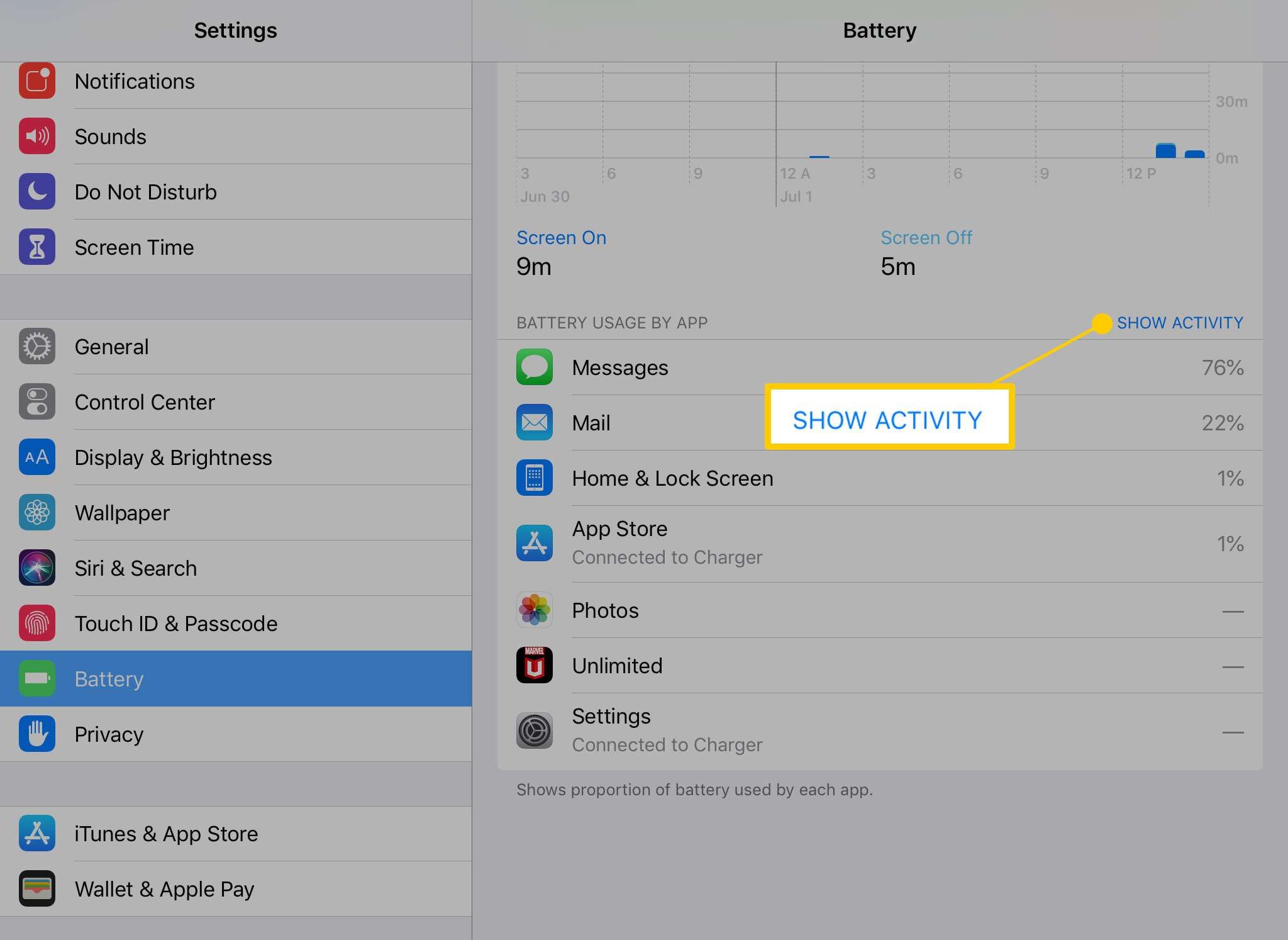 Показать кнопку «Активность» в настройках батареи на iPad