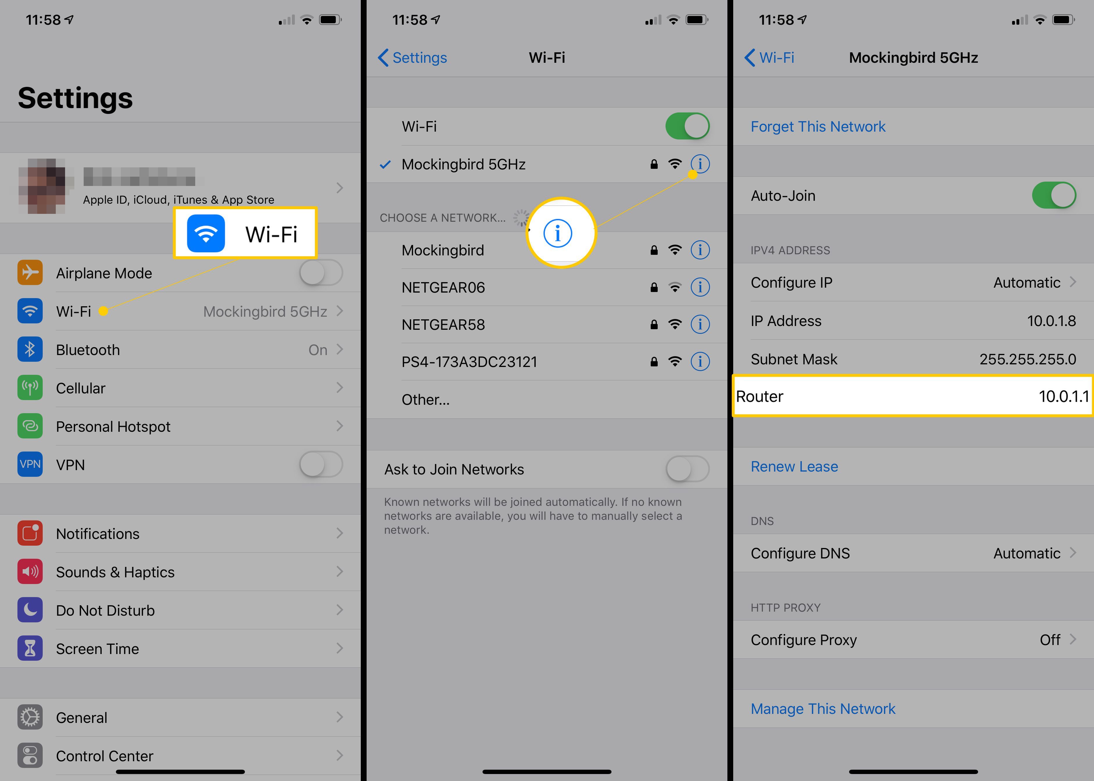 Информационные экраны Wi-Fi, Info и Router в настройках iOS