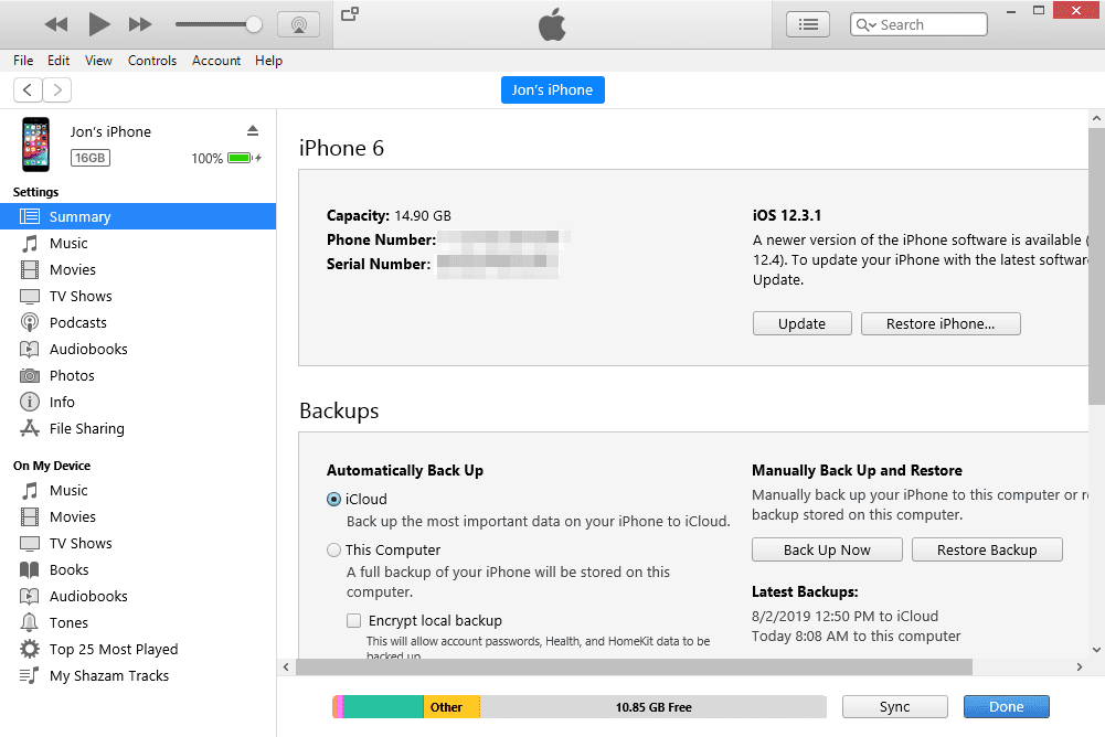 Кнопка обновления в iTunes для Windows