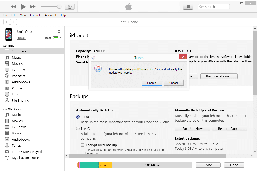 Обновление до iOS 12 в iTunes для Windows