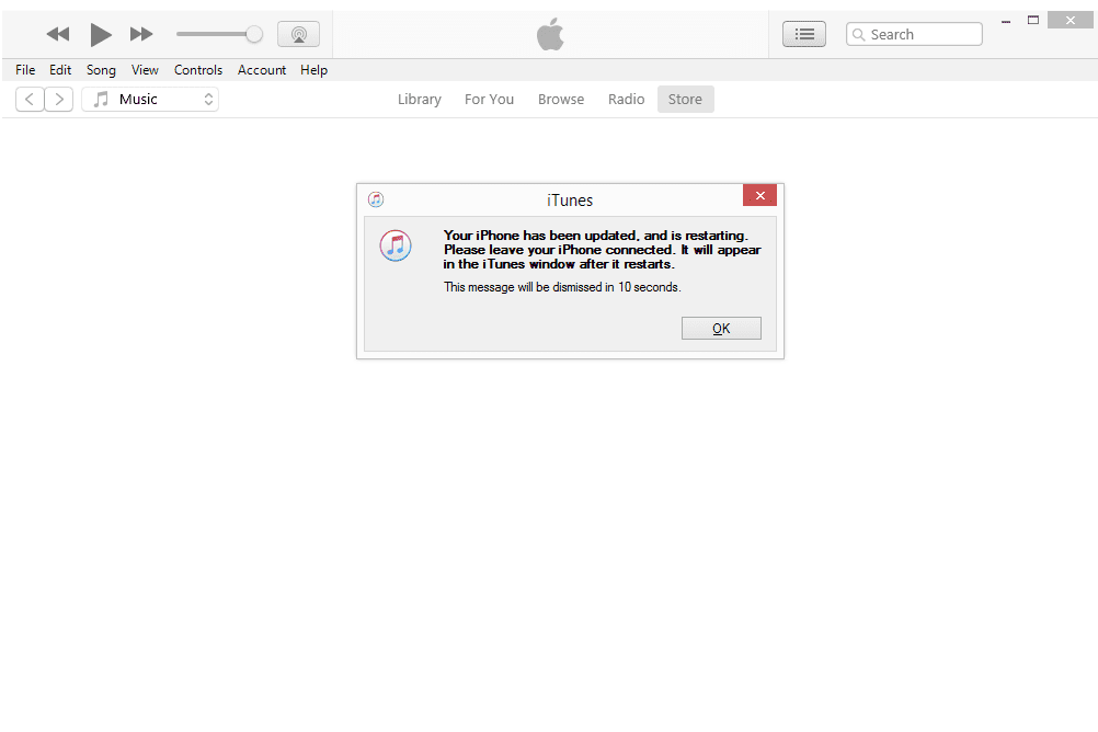 Сообщение iTunes, в котором говорится, что ваш iPhone был обновлен и перезагружается