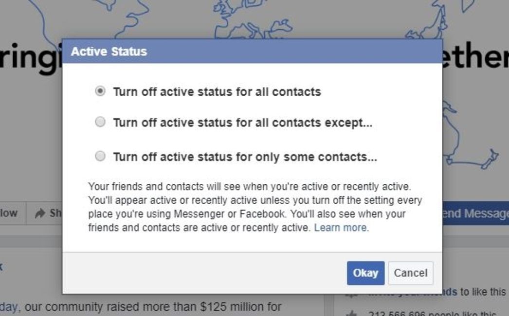 Отключить активный статус в чате Facebook