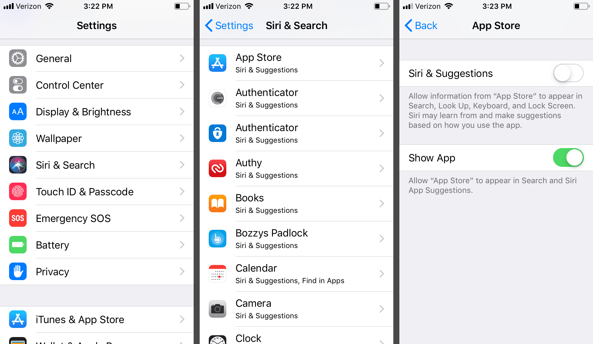 Настройки, Siri & Search и экраны App Store на iPhone