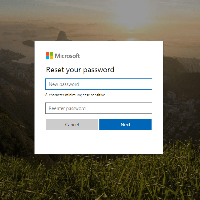 Снимок экрана Outlook.com'reset your password' screen when it's time to enter a new password