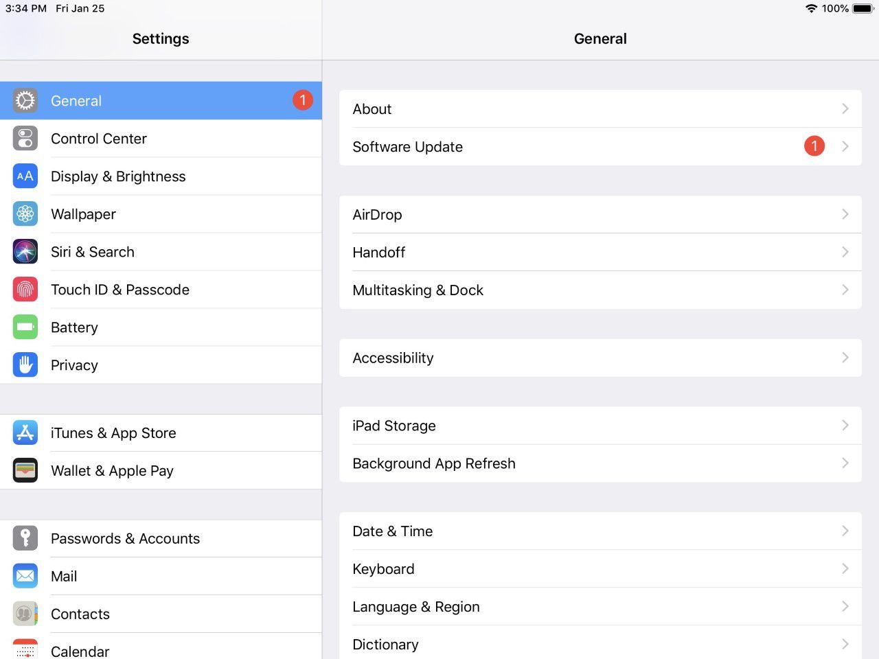 Снимок экрана основного экрана настроек iPad.