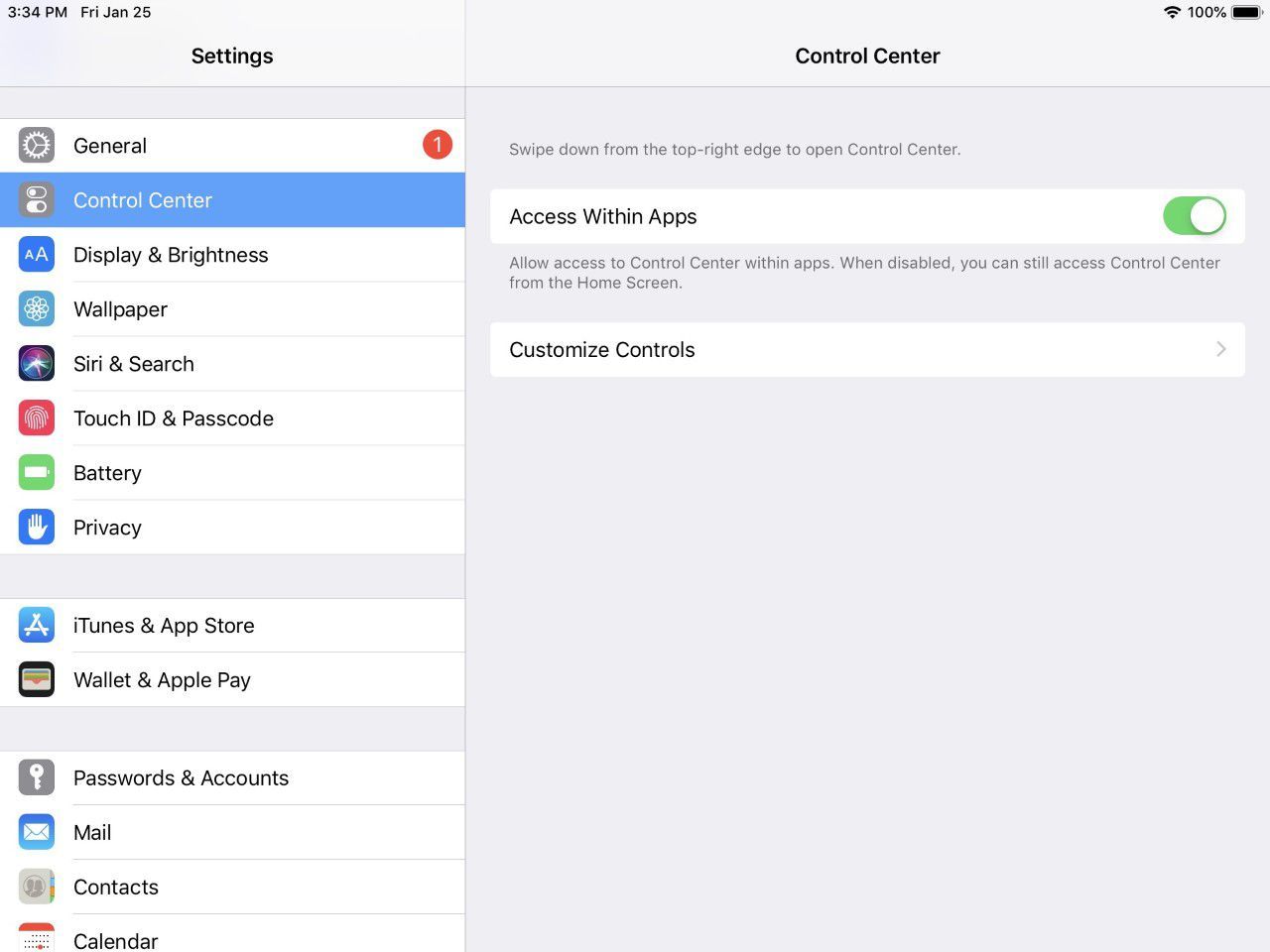 Скриншот основного экрана настроек iOS Control Center.