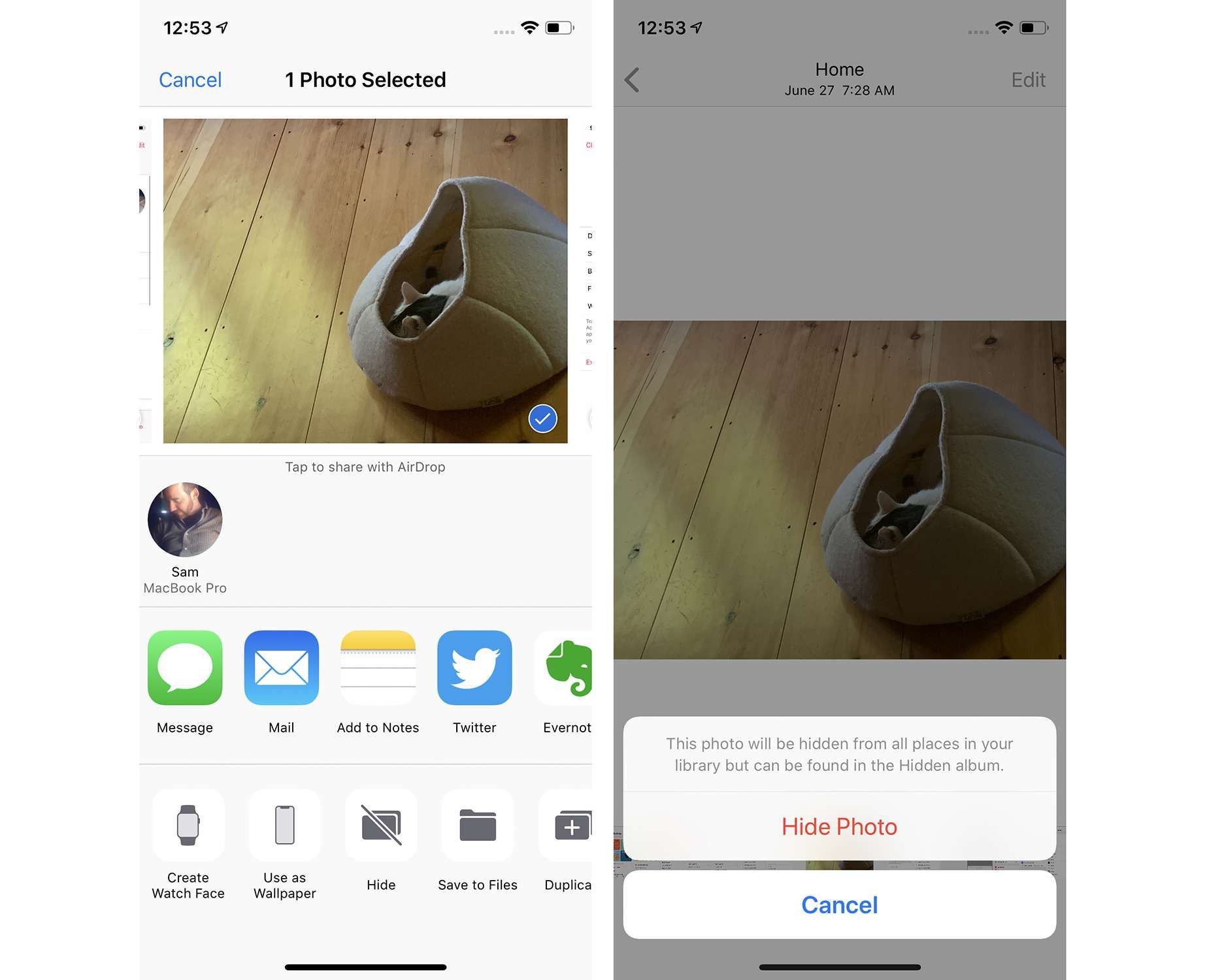 Скриншоты сокрытия картинок в приложении iOS Photos