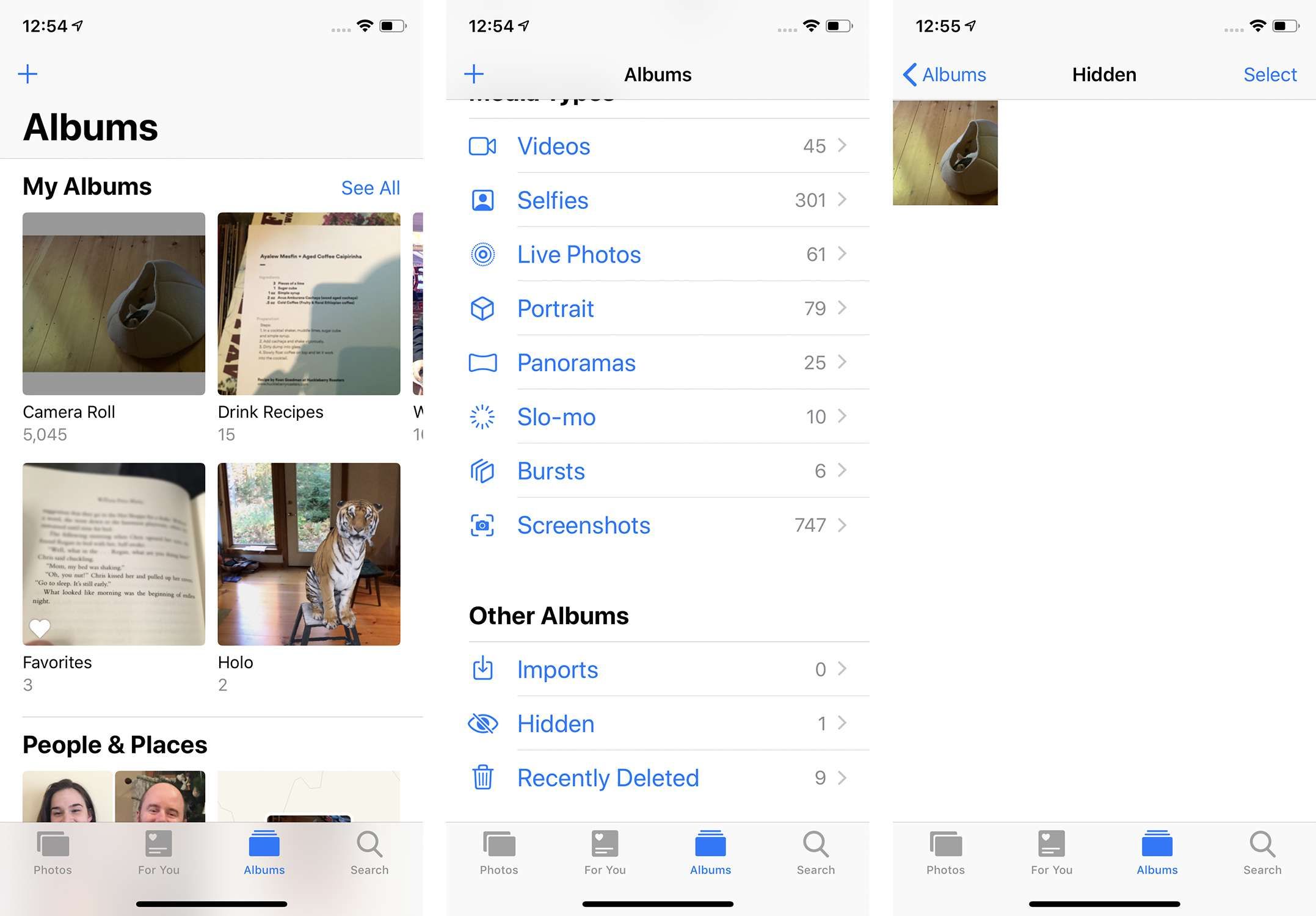 Скриншоты скрытого альбома в приложении iOS Photos