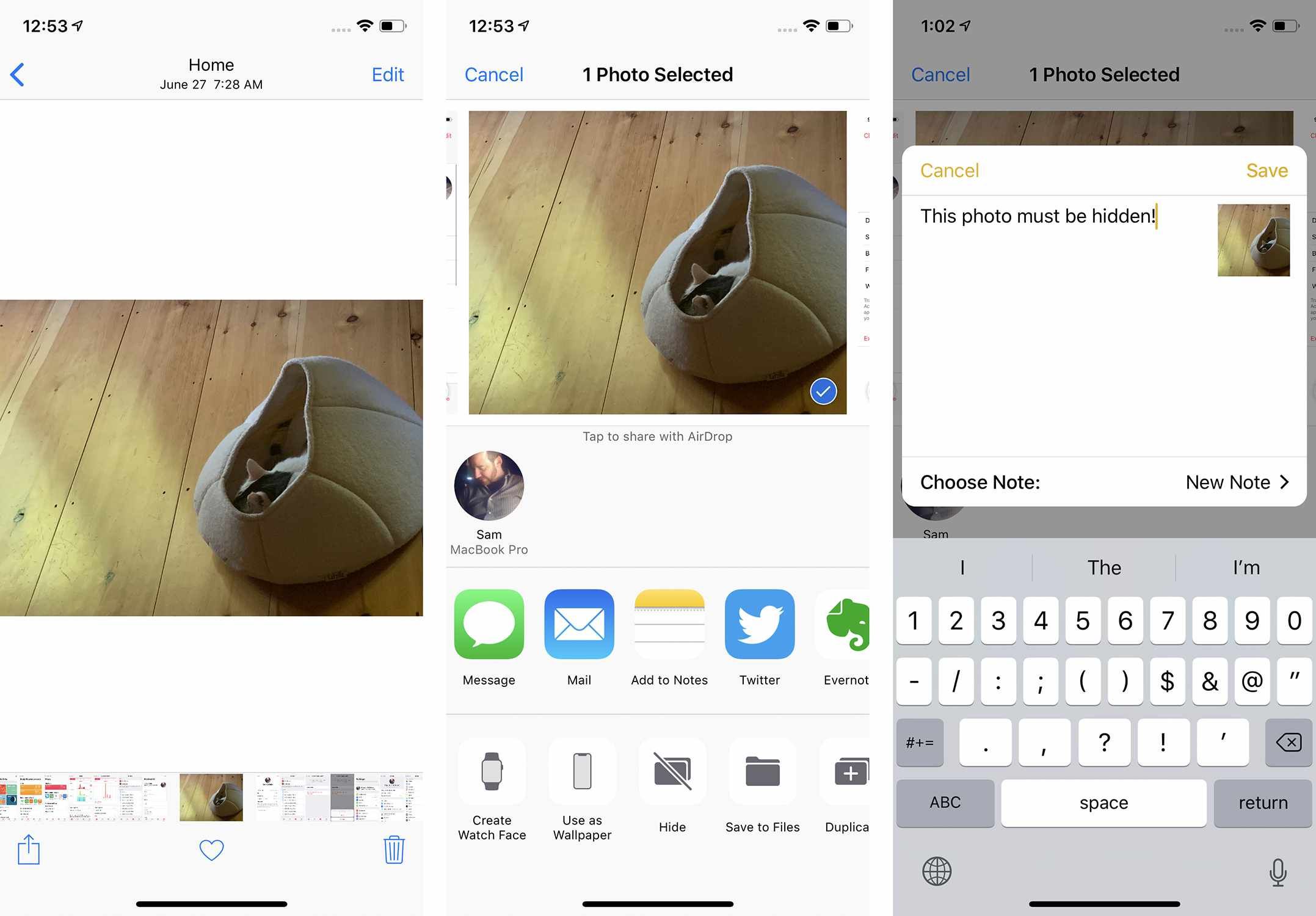 Скриншоты сокрытия фотографии в приложении iOS Notes