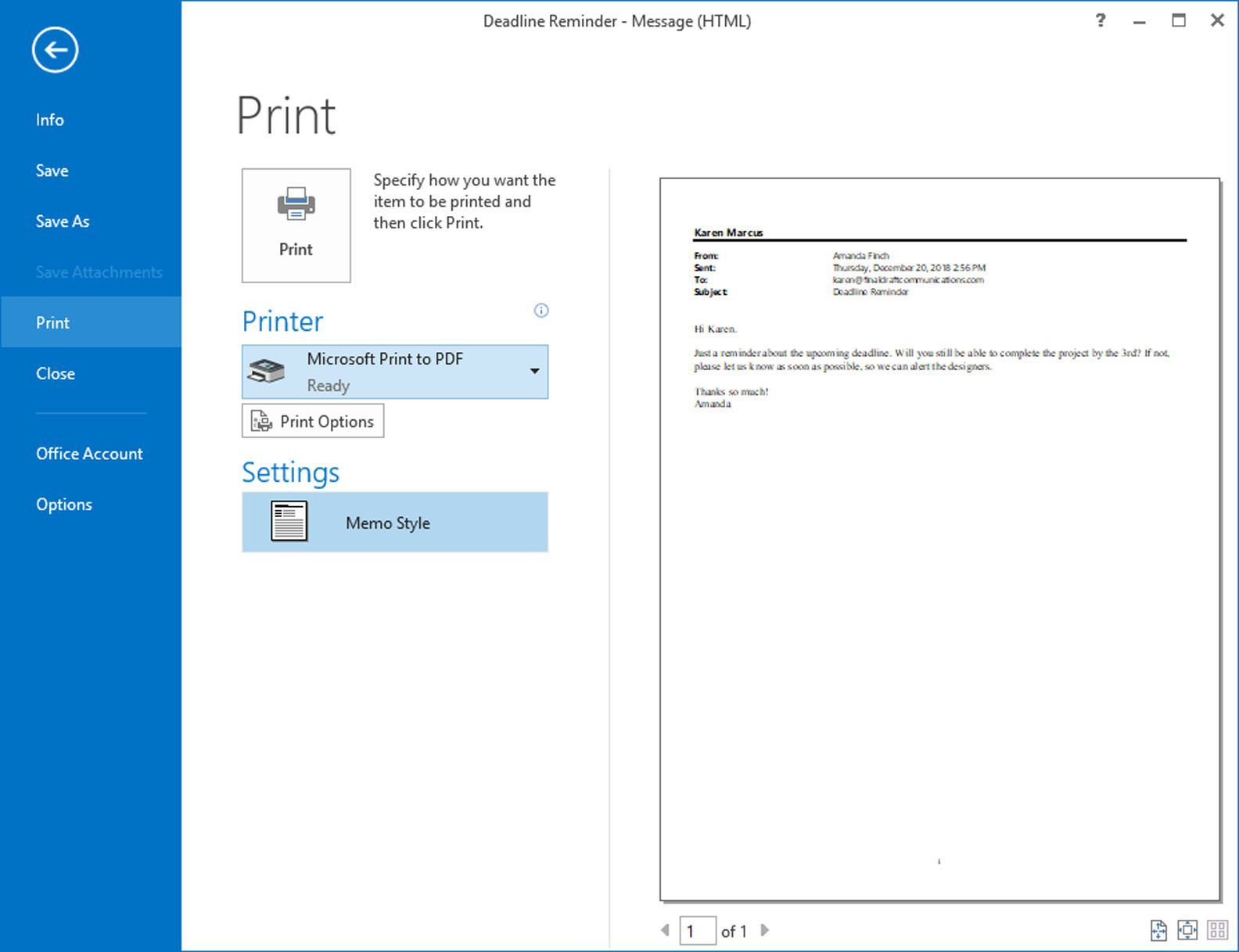 В Microsoft Outlook отображается диалоговое окно «Печать» с выбранным параметром «Печать в PDF».