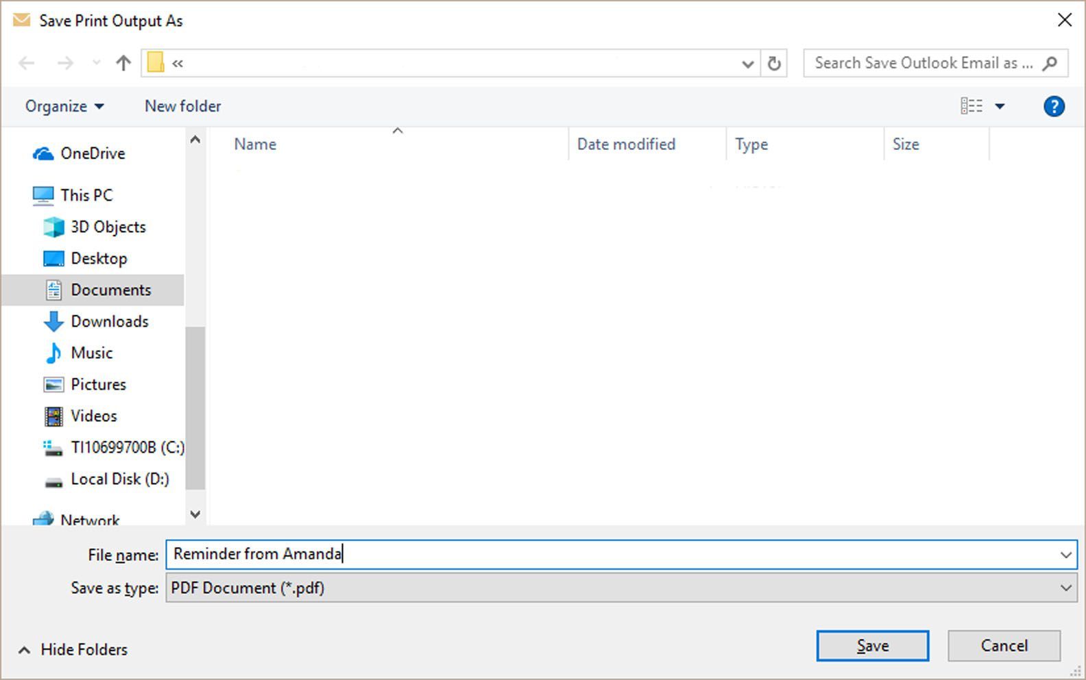 В Microsoft Outlook отображается диалоговое окно «Сохранить вывод на печать как».