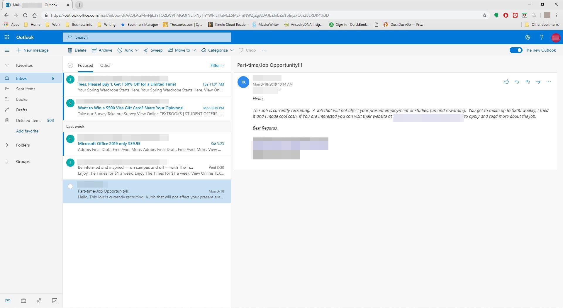 Потенциальная фишинговая электронная почта выделена в папке входящих сообщений Outlook.com.