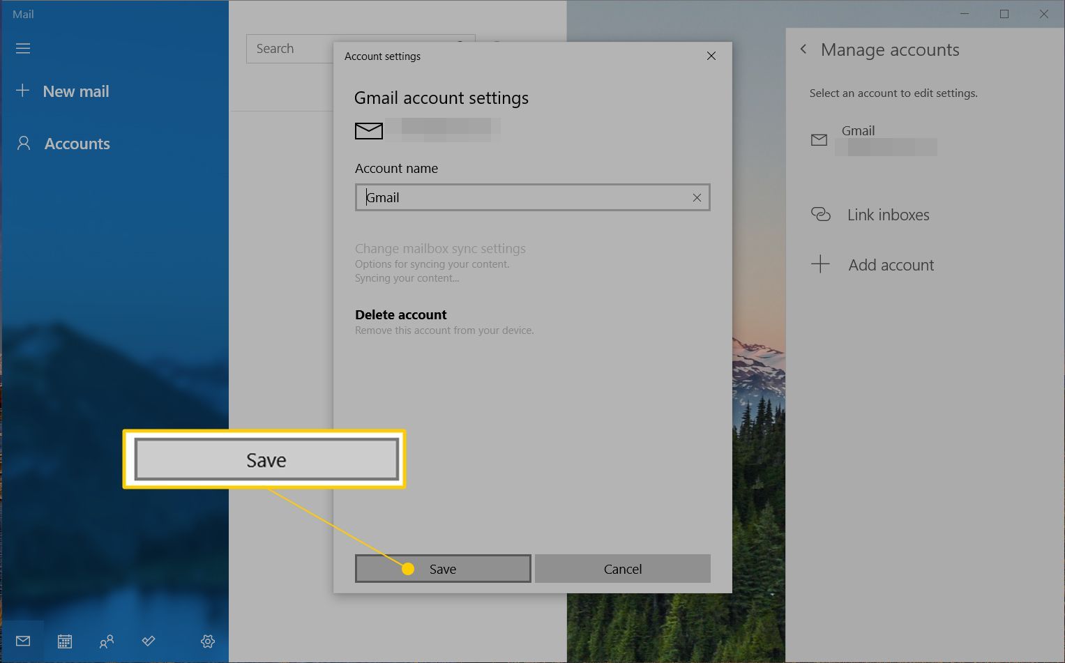 Кнопка Сохранить в настройках учетной записи Windows Mail