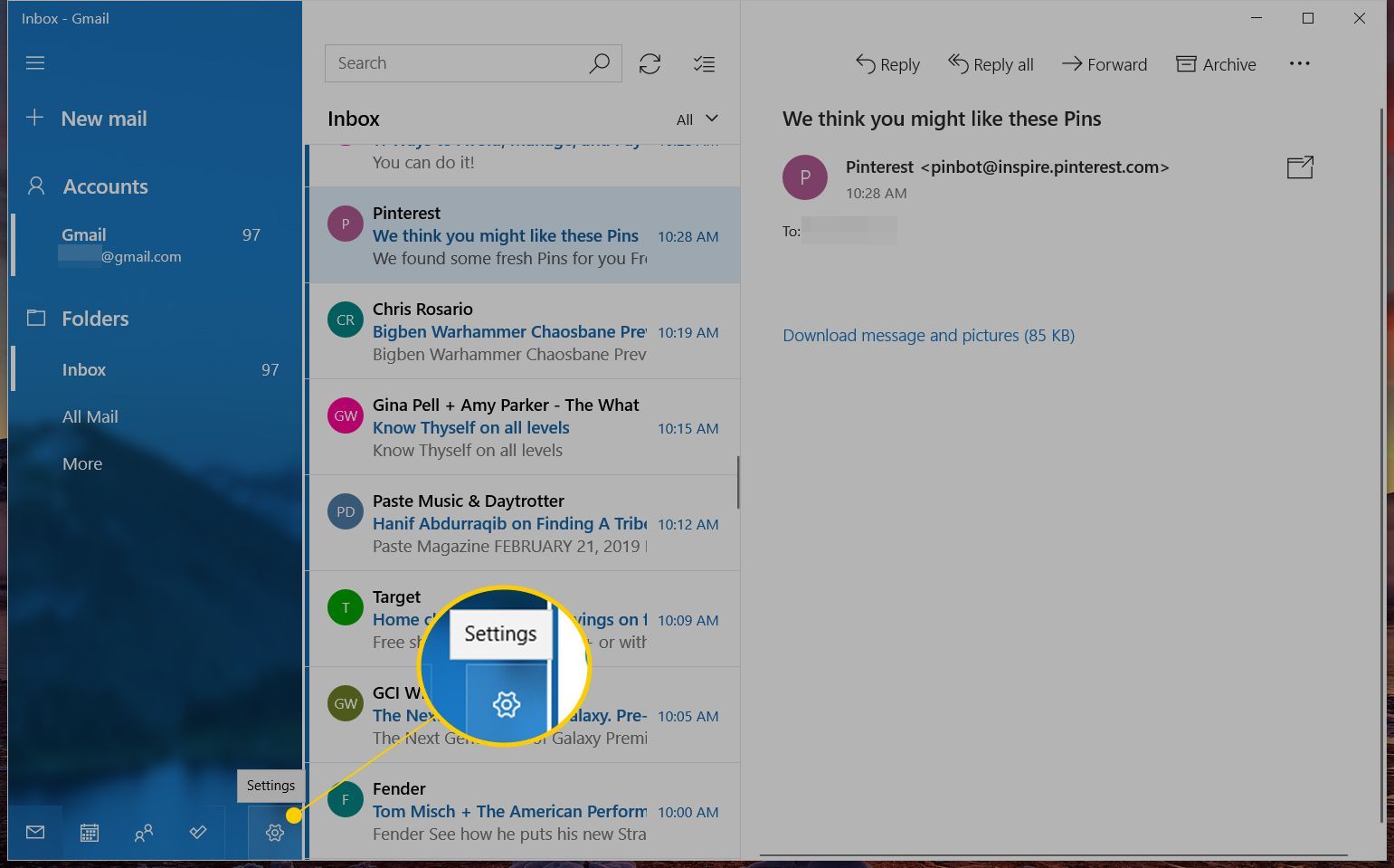 Значок шестеренки настроек в Windows Mail