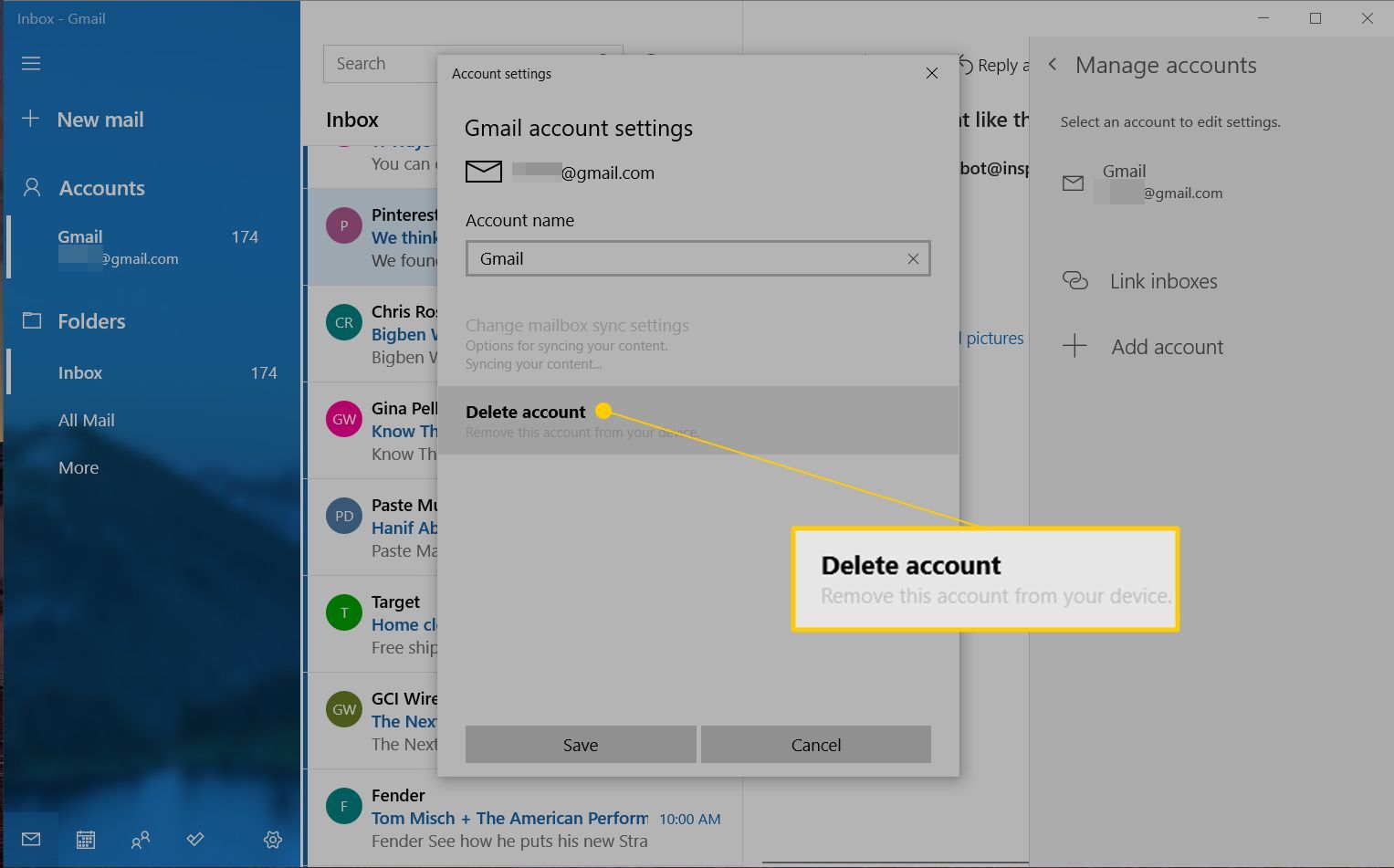 Кнопка «Удалить учетную запись» в настройках учетной записи Windows Mail