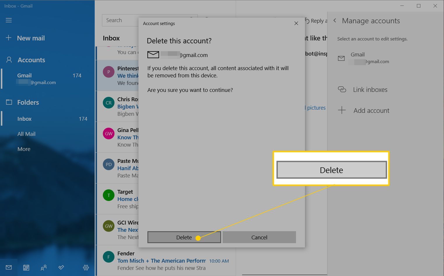 Удалить кнопку подтверждения в настройках учетной записи Windows Mail