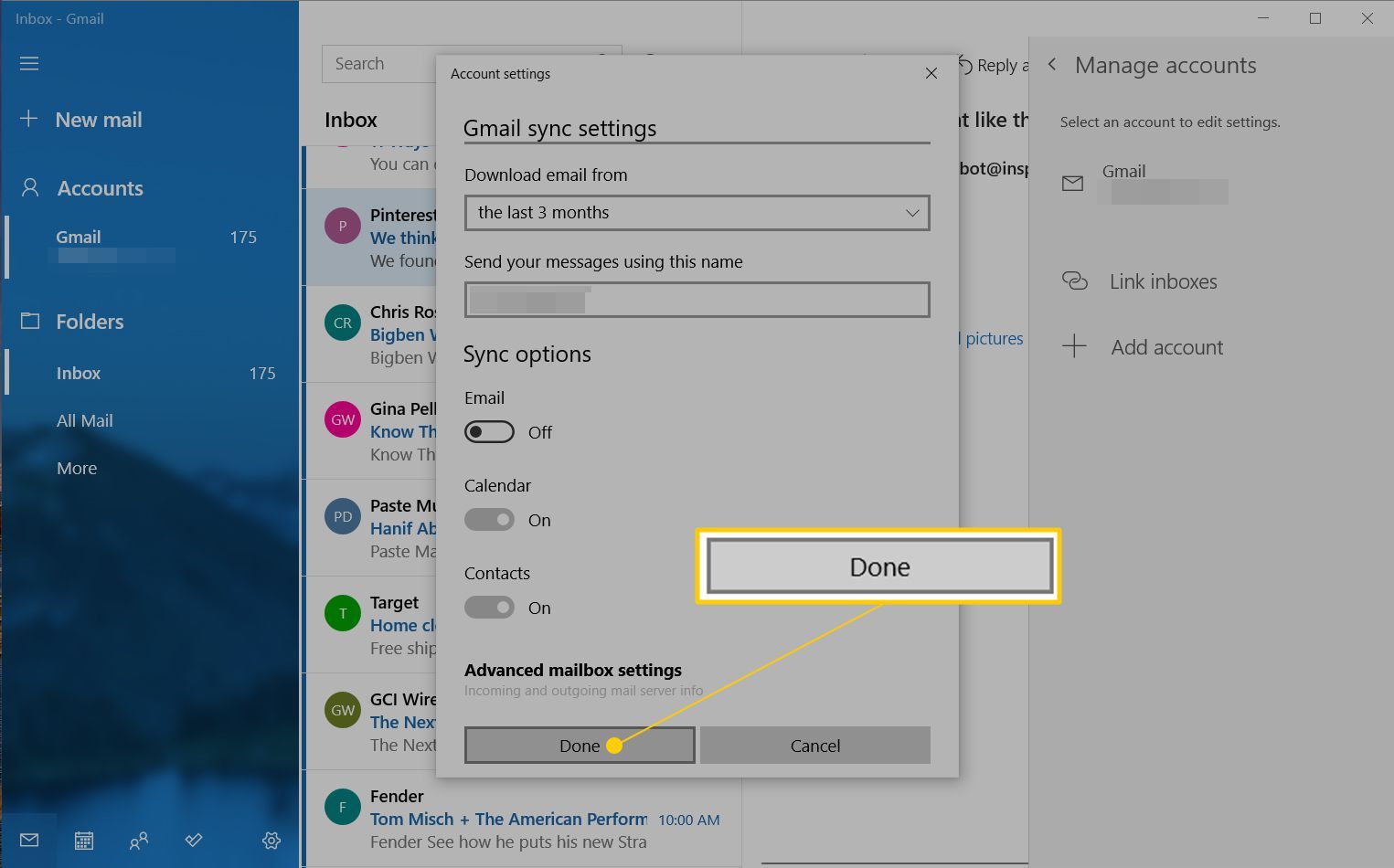 Кнопка «Готово» в настройках учетной записи Windows Mail