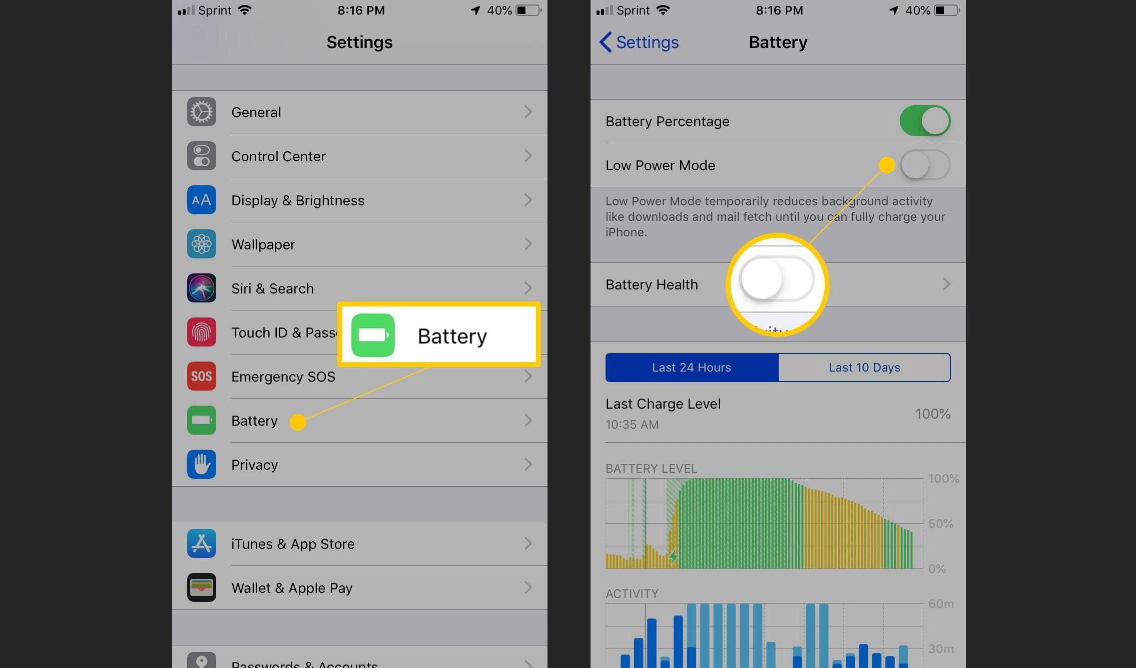 Батарея, режим низкого энергопотребления в настройках iOS