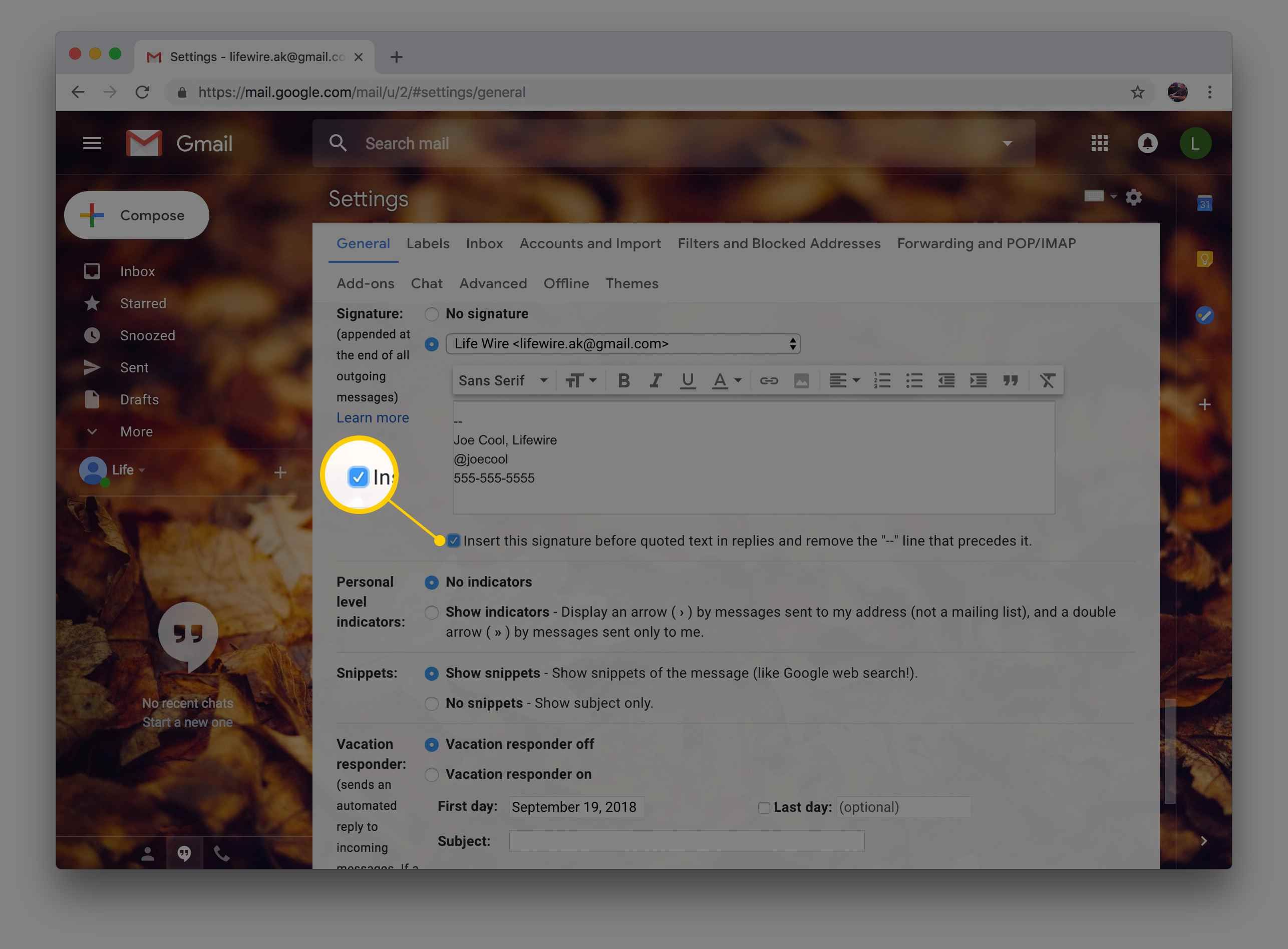 Снимок экрана с возможностью вставить свою подпись перед цитируемым текстом в настройках Gmail через веб-браузер Chrome
