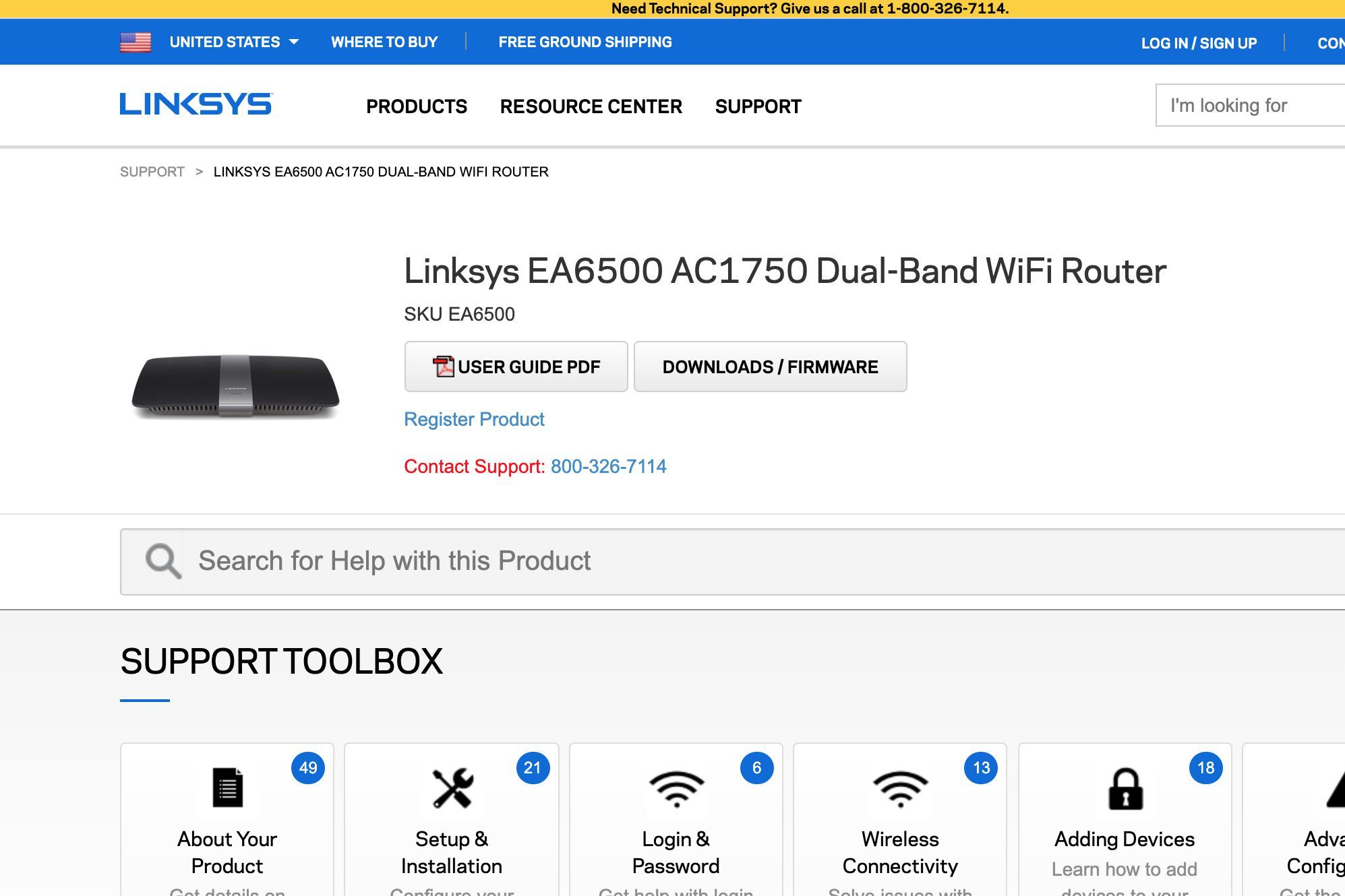 Скриншот страницы поддержки Linksys EA6500