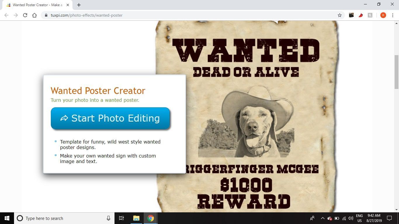 Перейдите на Tuxpi.com/photo-effects/wanted-poster в веб-браузере и выберите «Начать редактирование фотографий».