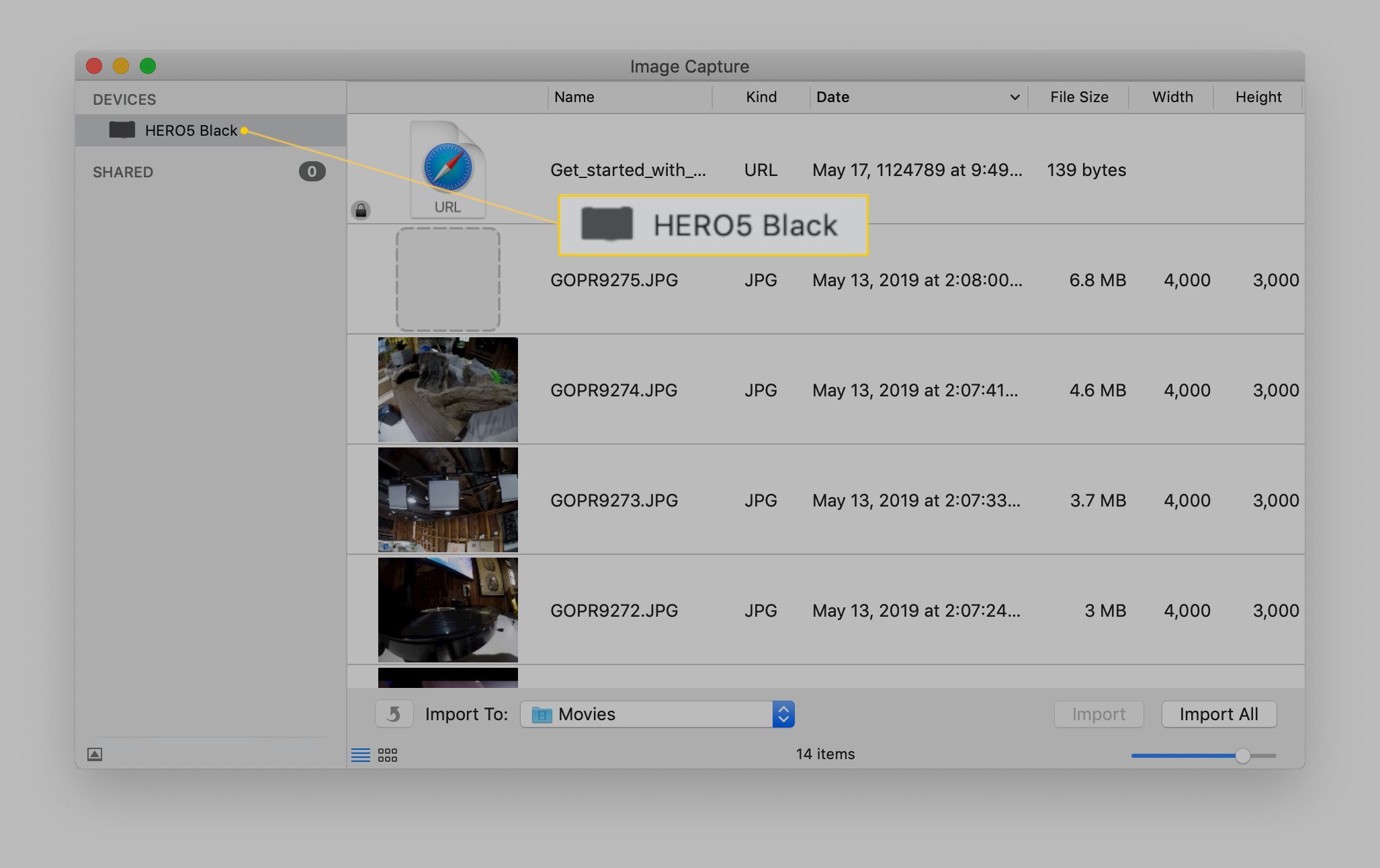 Снимок экрана со списком GoPro 5 в программе Capture.