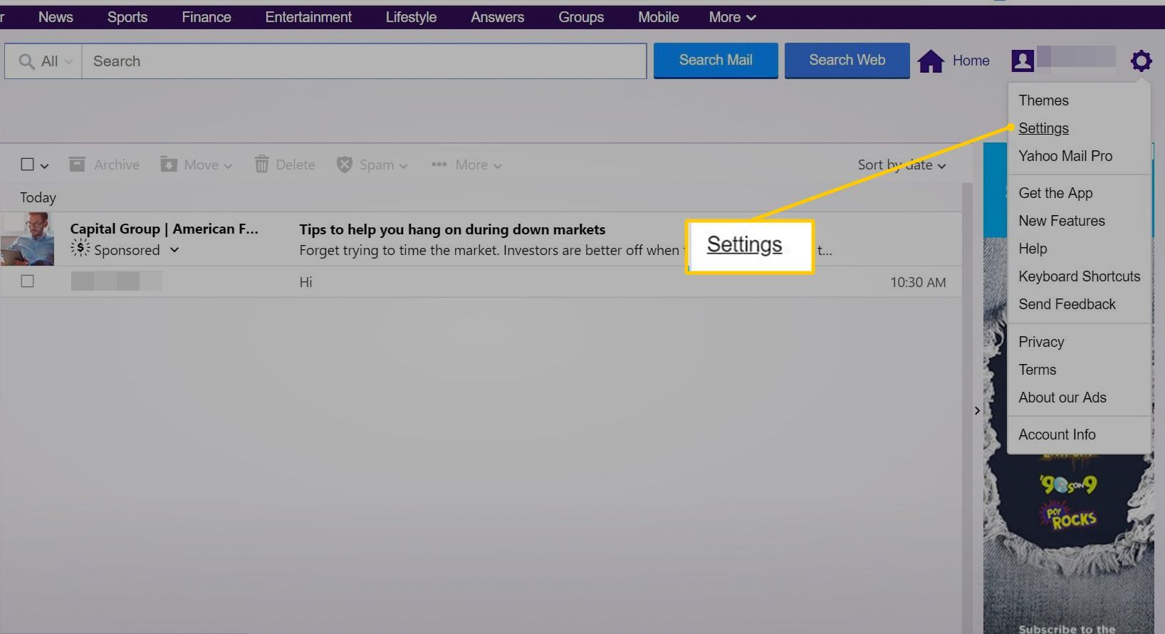 Пункт меню настроек в Yahoo Mail
