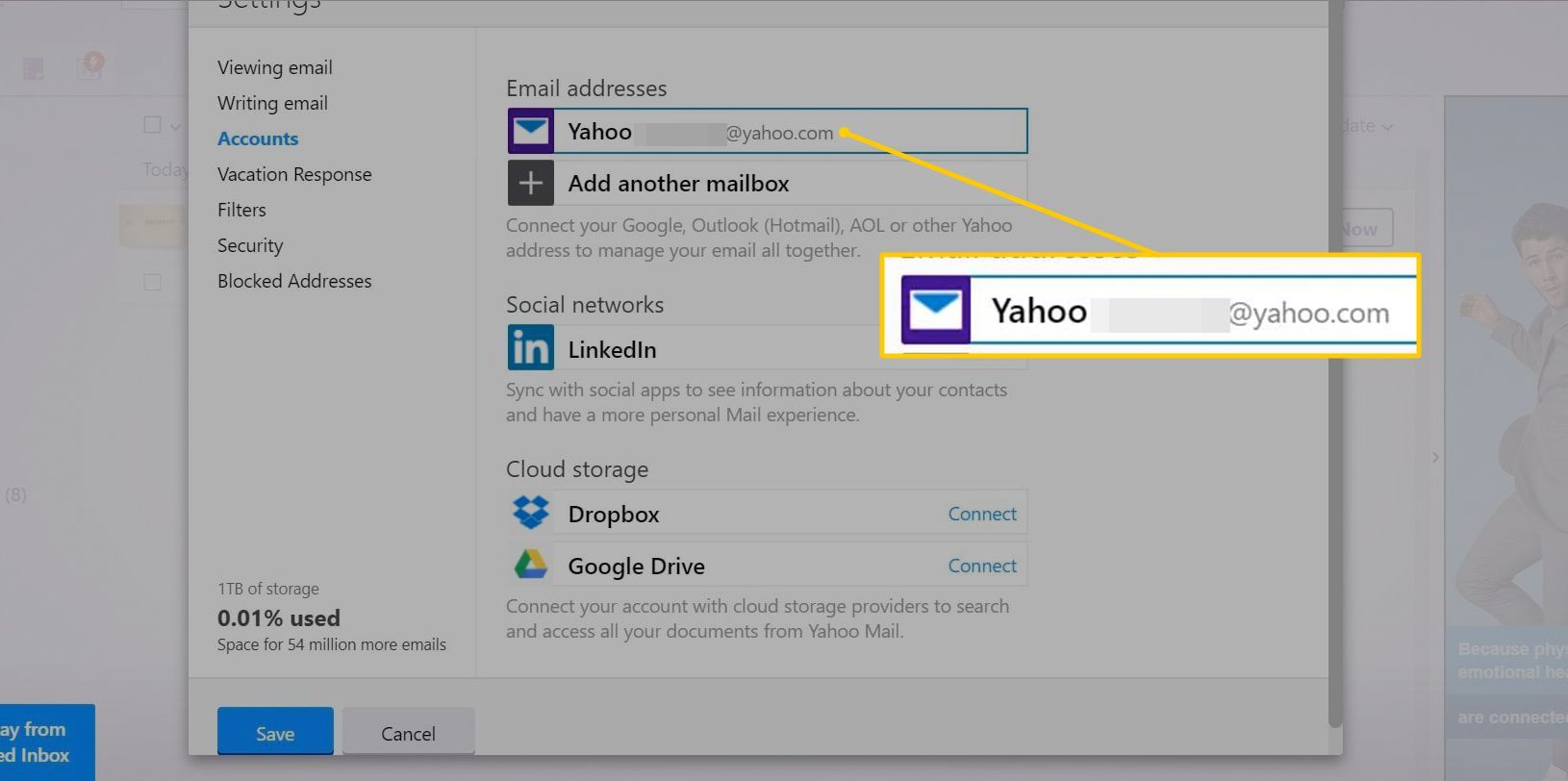 Учетная запись Yahoo Mail в настройках