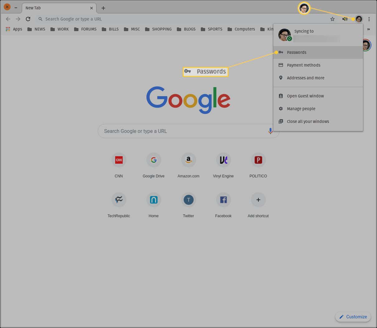 Снимок экрана раскрывающегося меню Chrome.