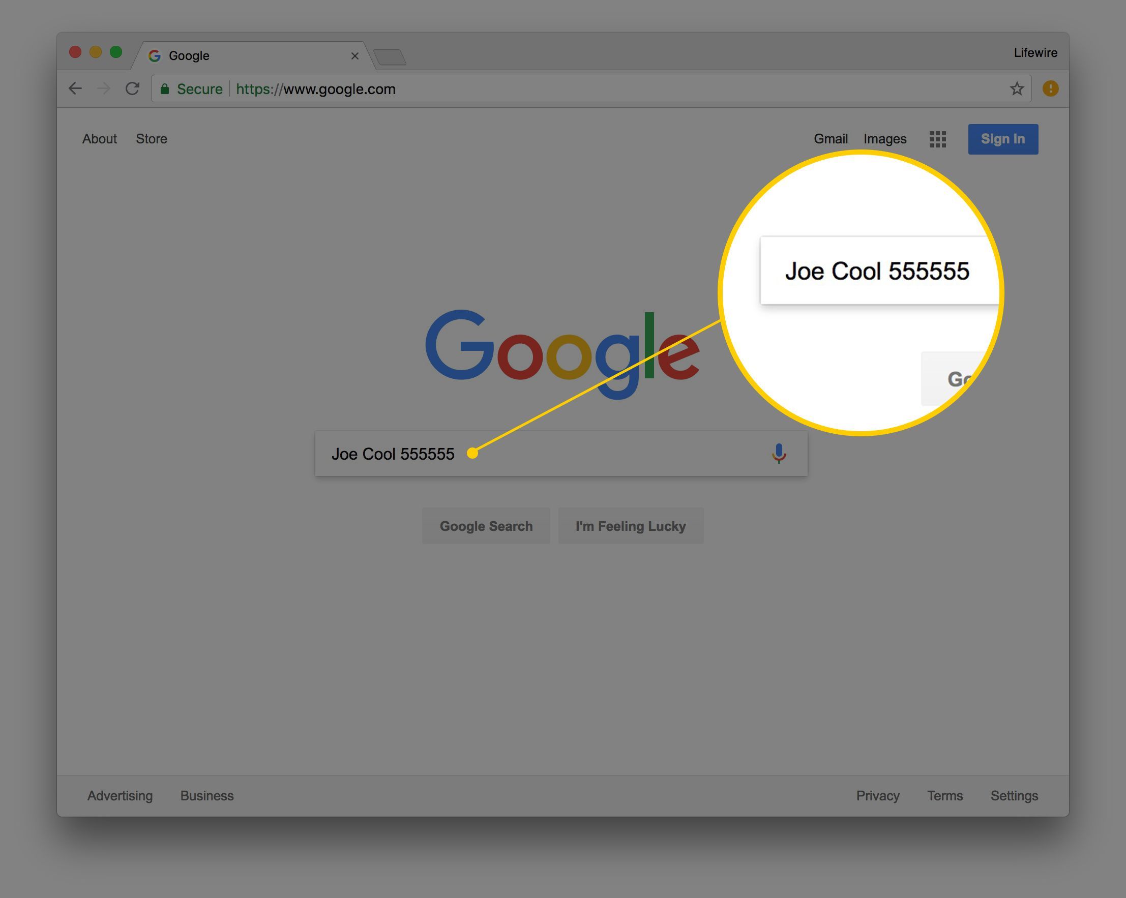 Снимок экрана: полное имя плюс почтовый индекс в поле поиска Google