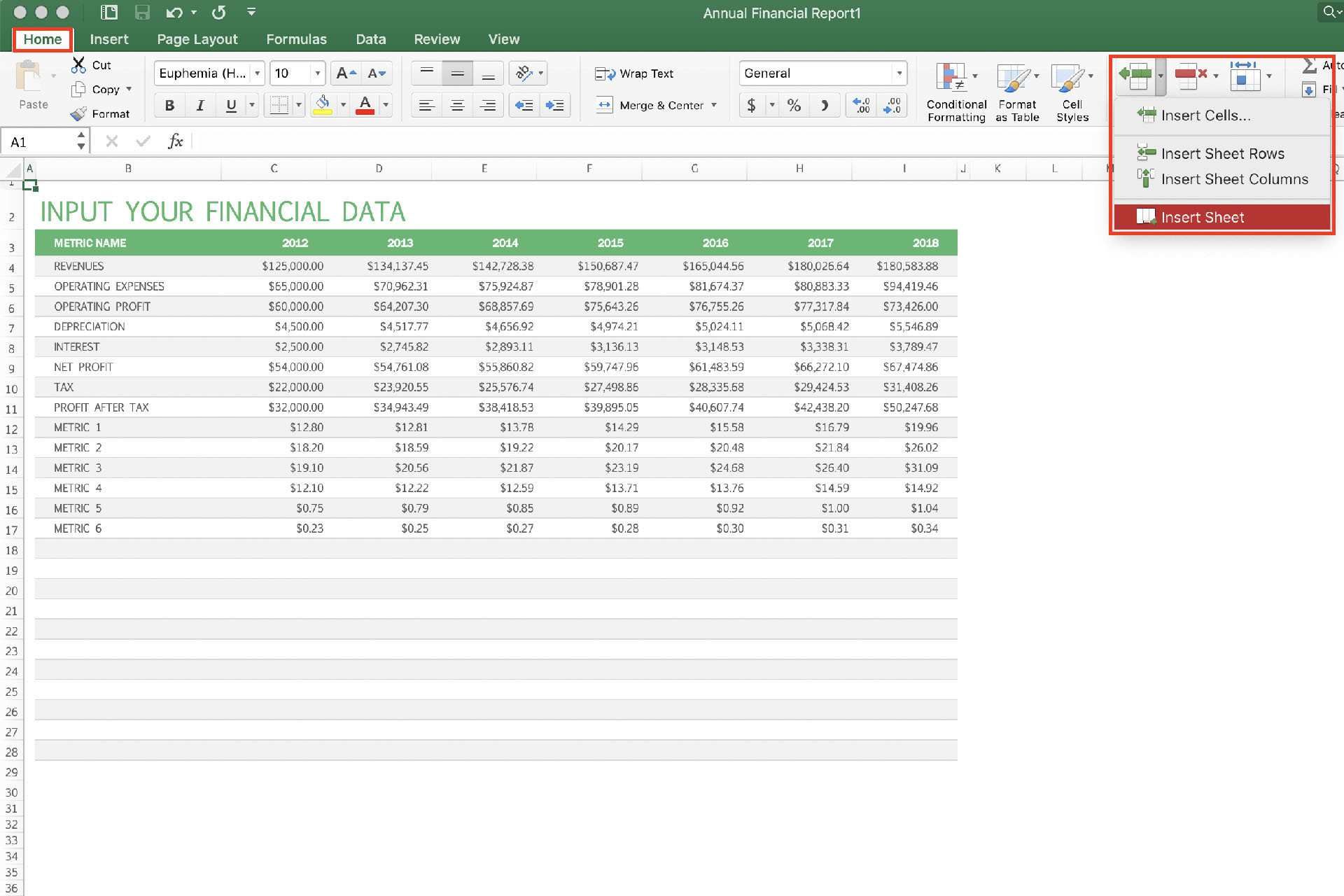 Экран Microsoft Excel, вставка листов с помощью ленты.