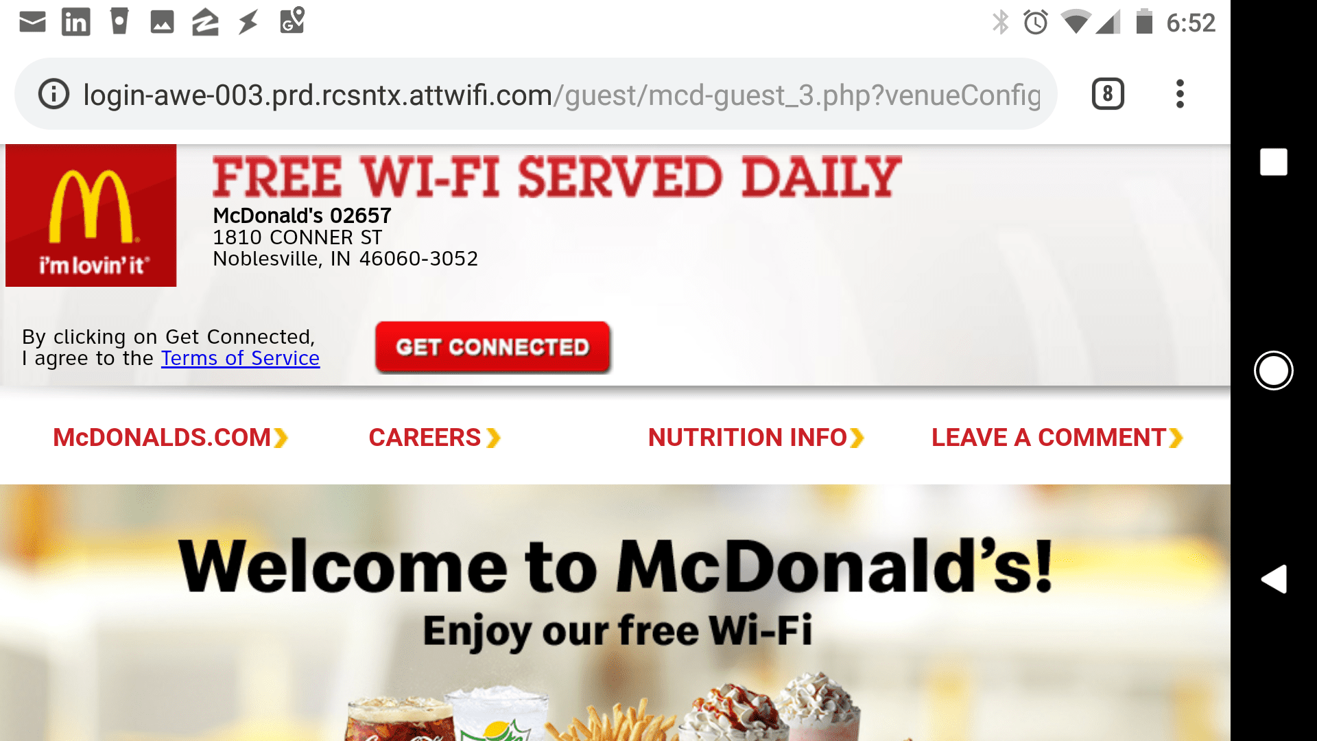 McDonald's mobile wi-fi connection page