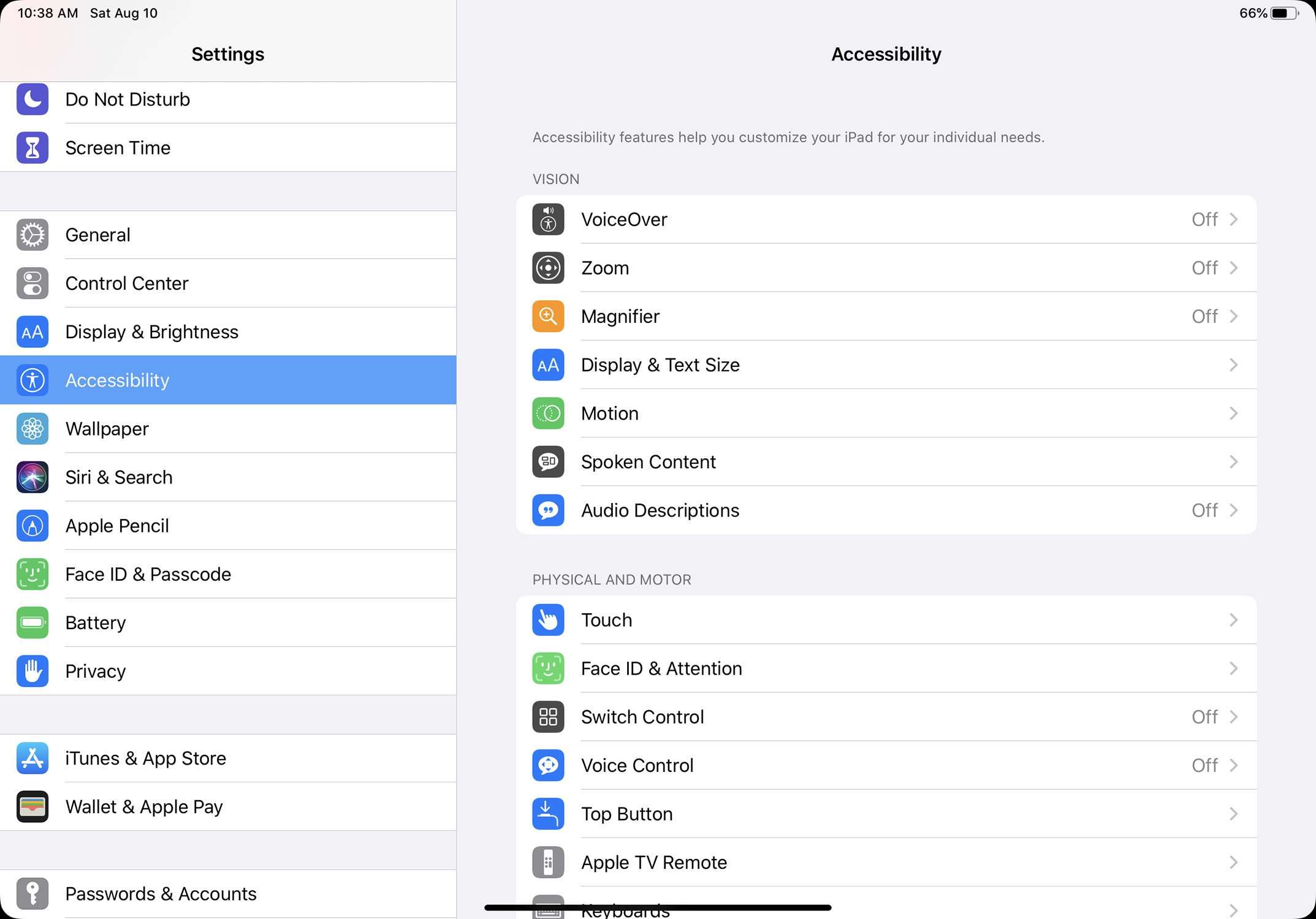 Снимок экрана настроек специальных возможностей на iPadOS 13